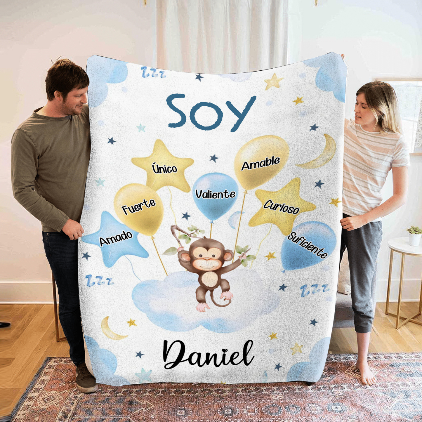 Manta azul de buen calidad para niño con animales personalizada con 1 nombre | Jessemade
