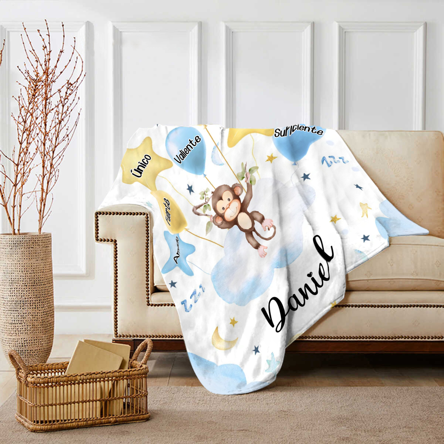 Manta azul de buen calidad para niño con animales personalizada con 1 nombre | Jessemade