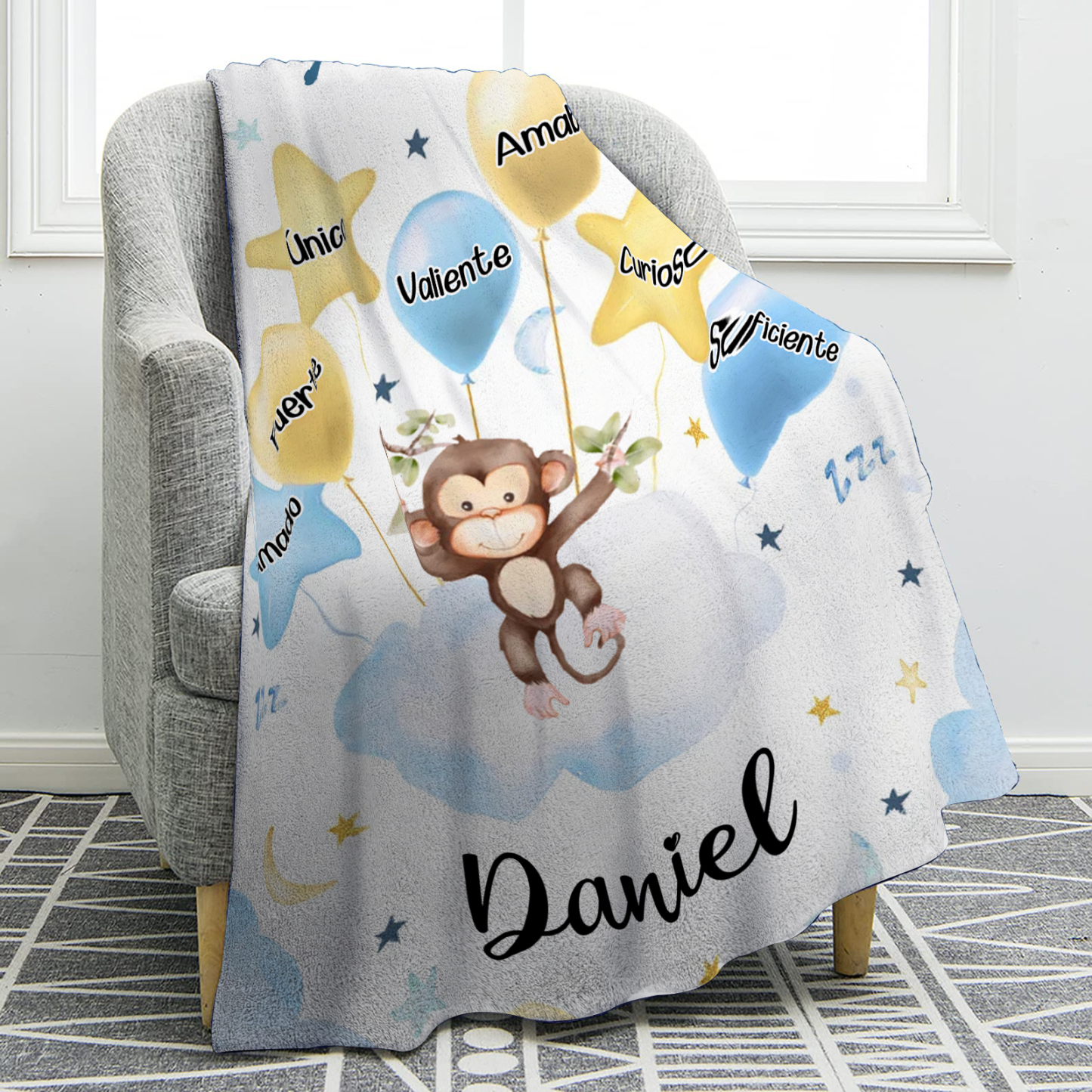 Manta azul de buen calidad para niño con animales personalizada con 1 nombre | Jessemade