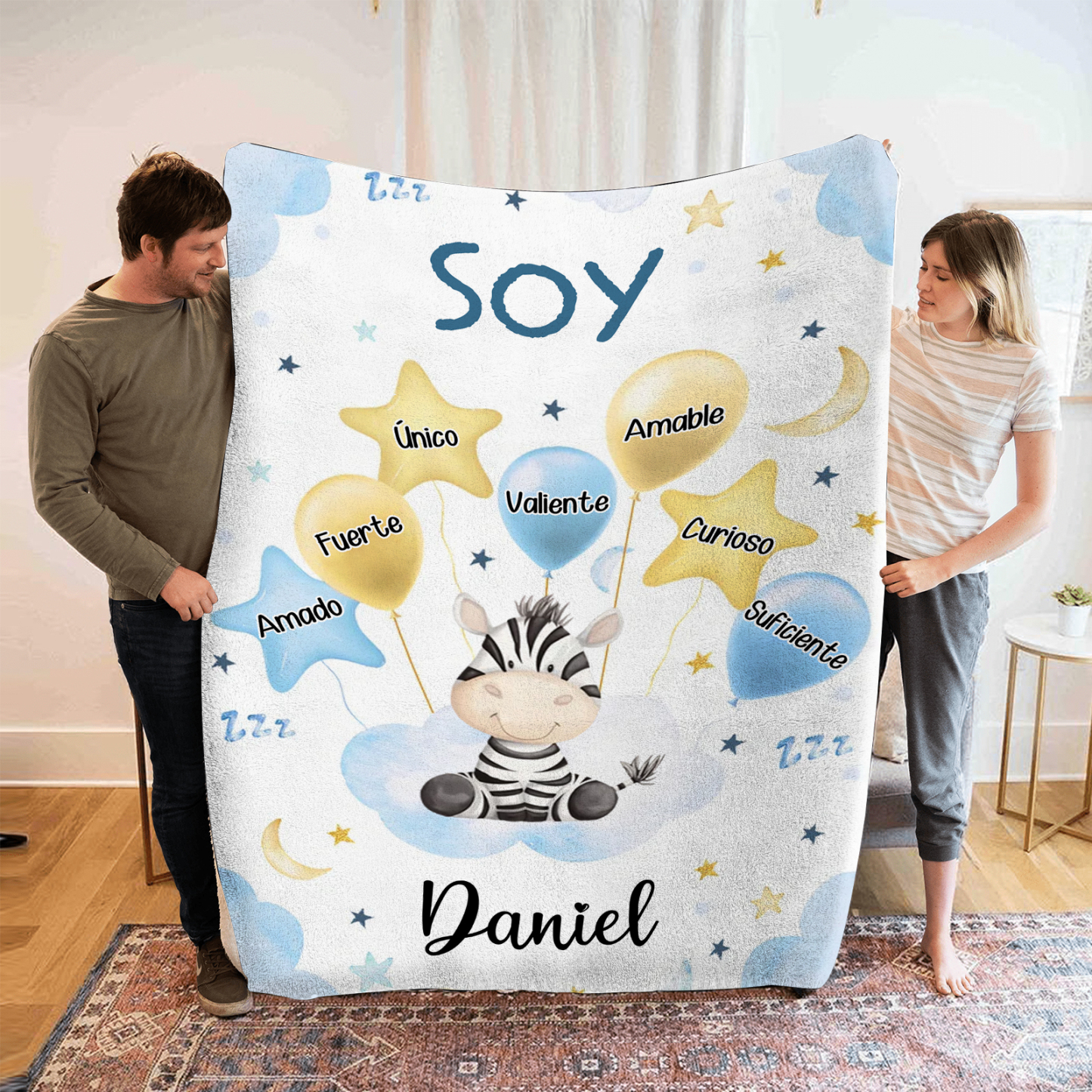 Manta azul de buen calidad para niño con animales personalizada con 1 nombre | Jessemade