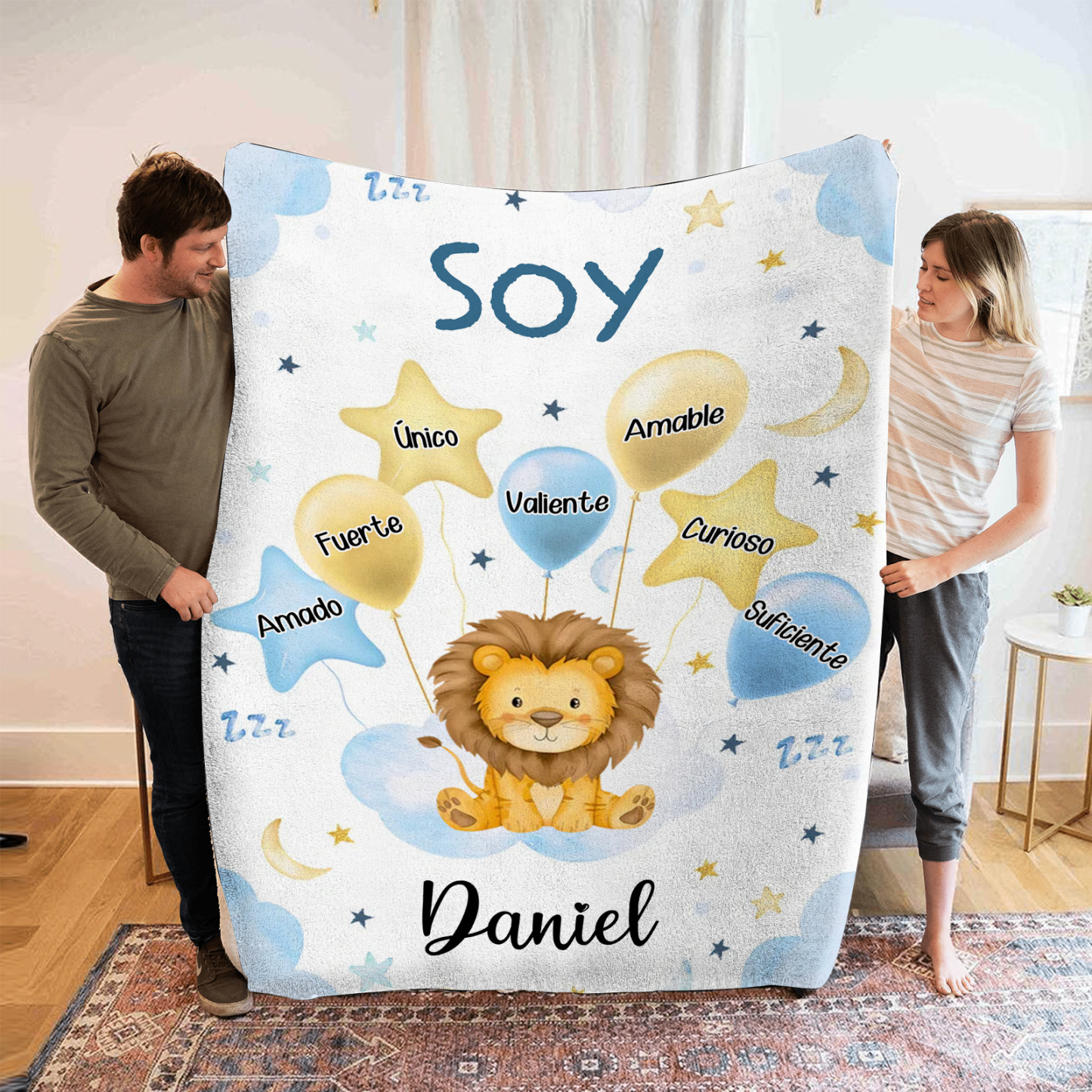 Manta azul de buen calidad para niño con animales personalizada con 1 nombre | Jessemade