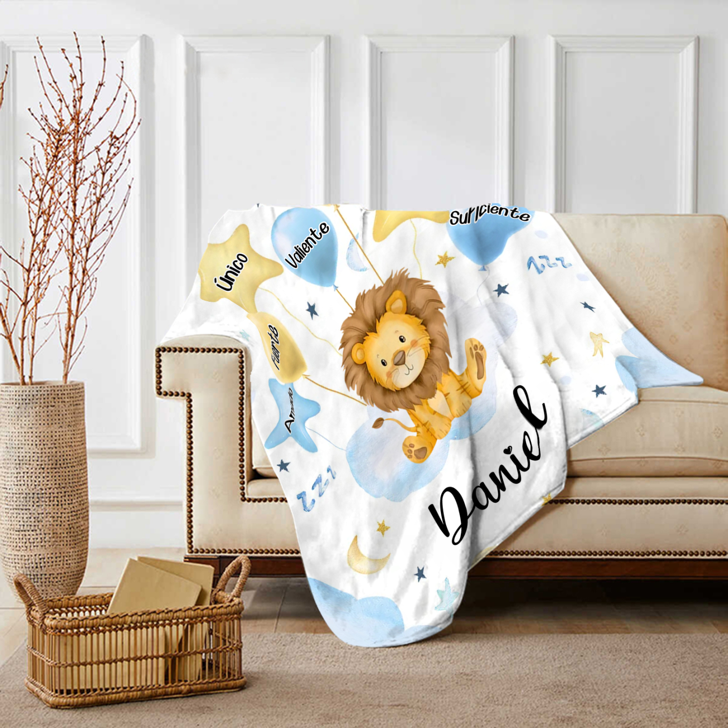 Manta azul de buen calidad para niño con animales personalizada con 1 nombre | Jessemade