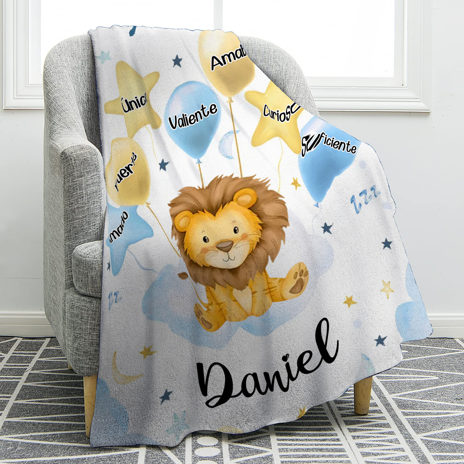 Manta azul de buen calidad para niño con animales personalizada con 1 nombre | Jessemade