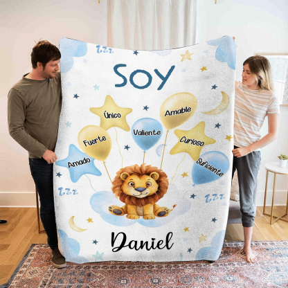 Manta azul de buen calidad para niño con animales personalizada con 1 nombre | Jessemade