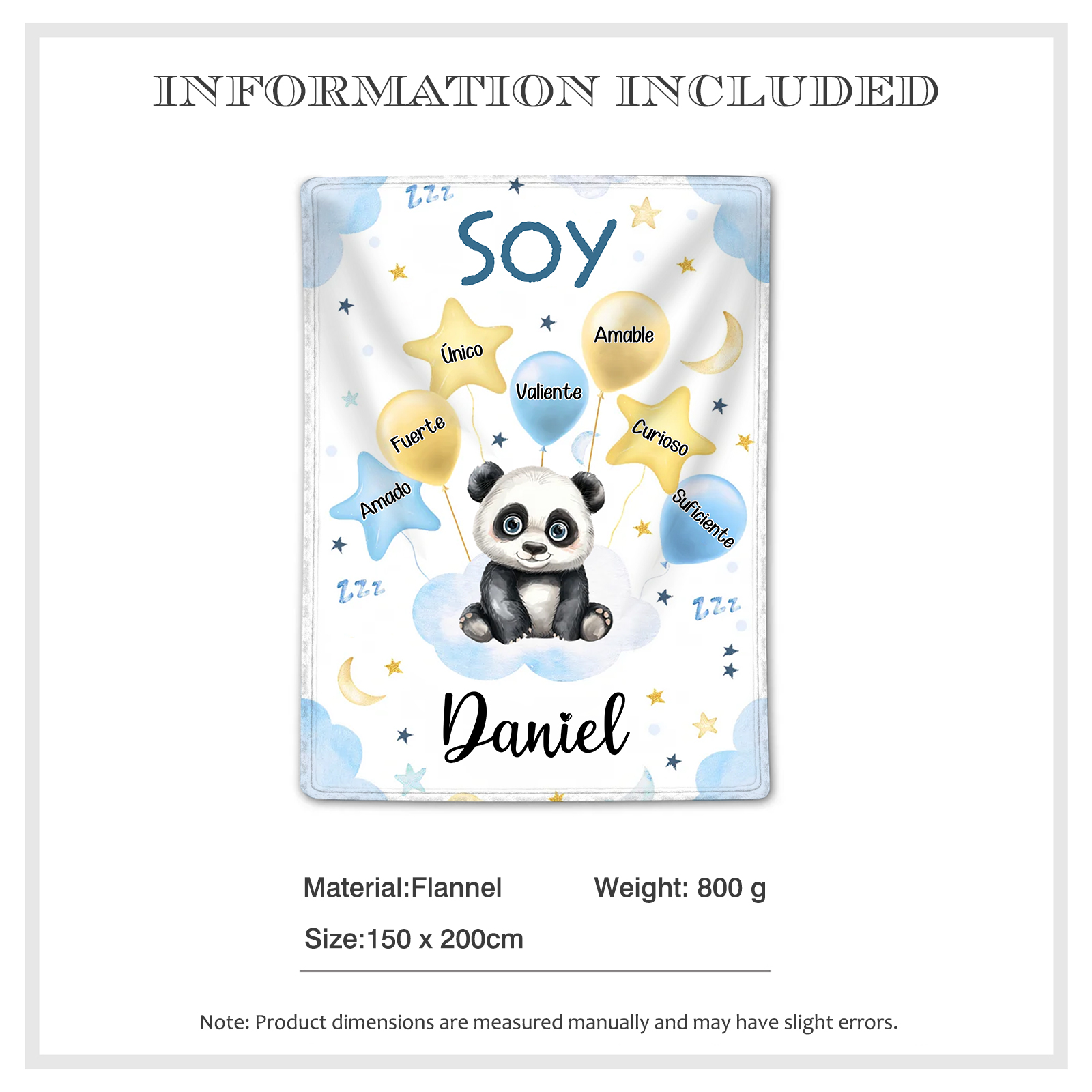 Manta azul de buen calidad para niño con animales personalizada con 1 nombre | Jessemade