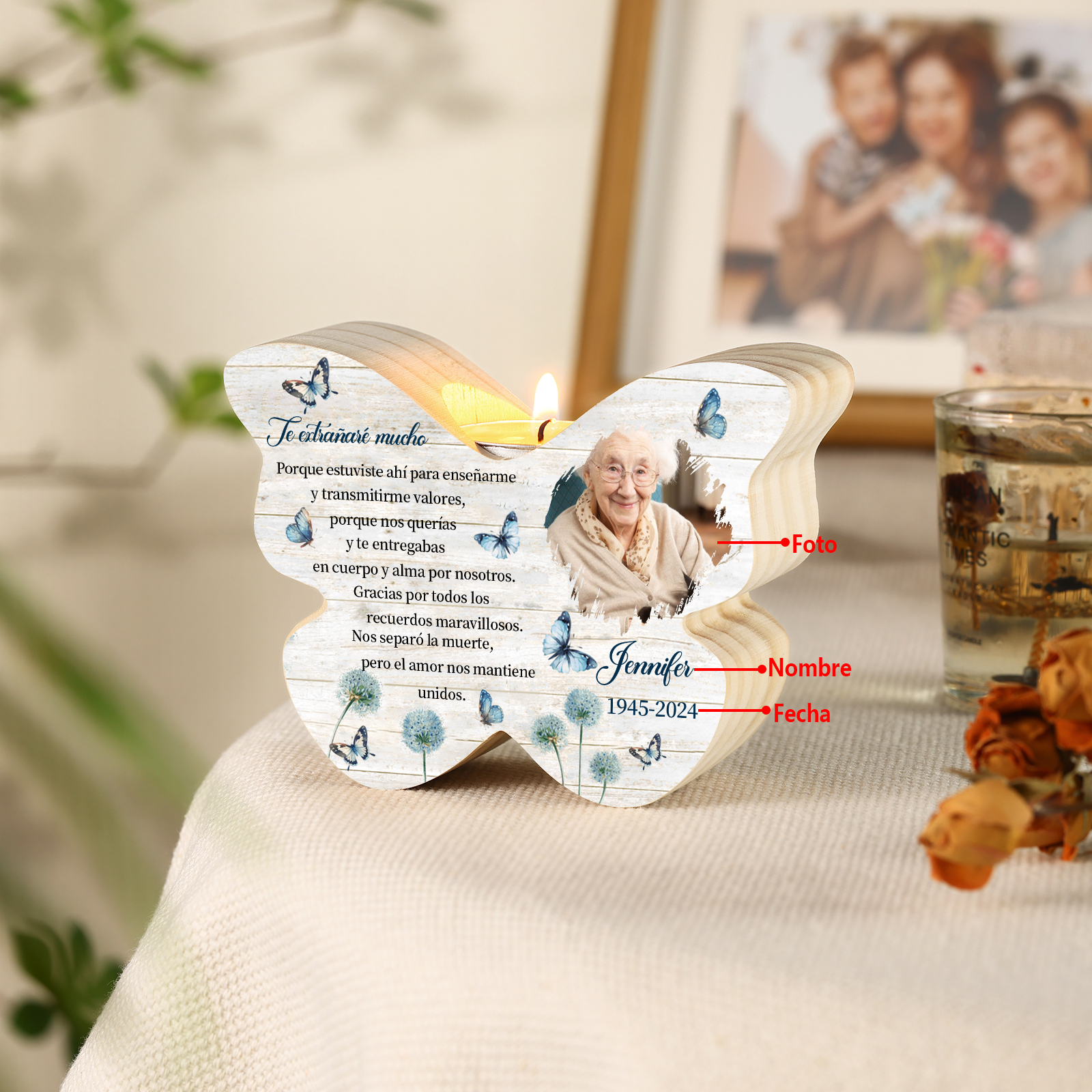 Candelero de mariposa en memoria de ser querido de madera nombre, foto y años personalizados sin vela | Jessemade