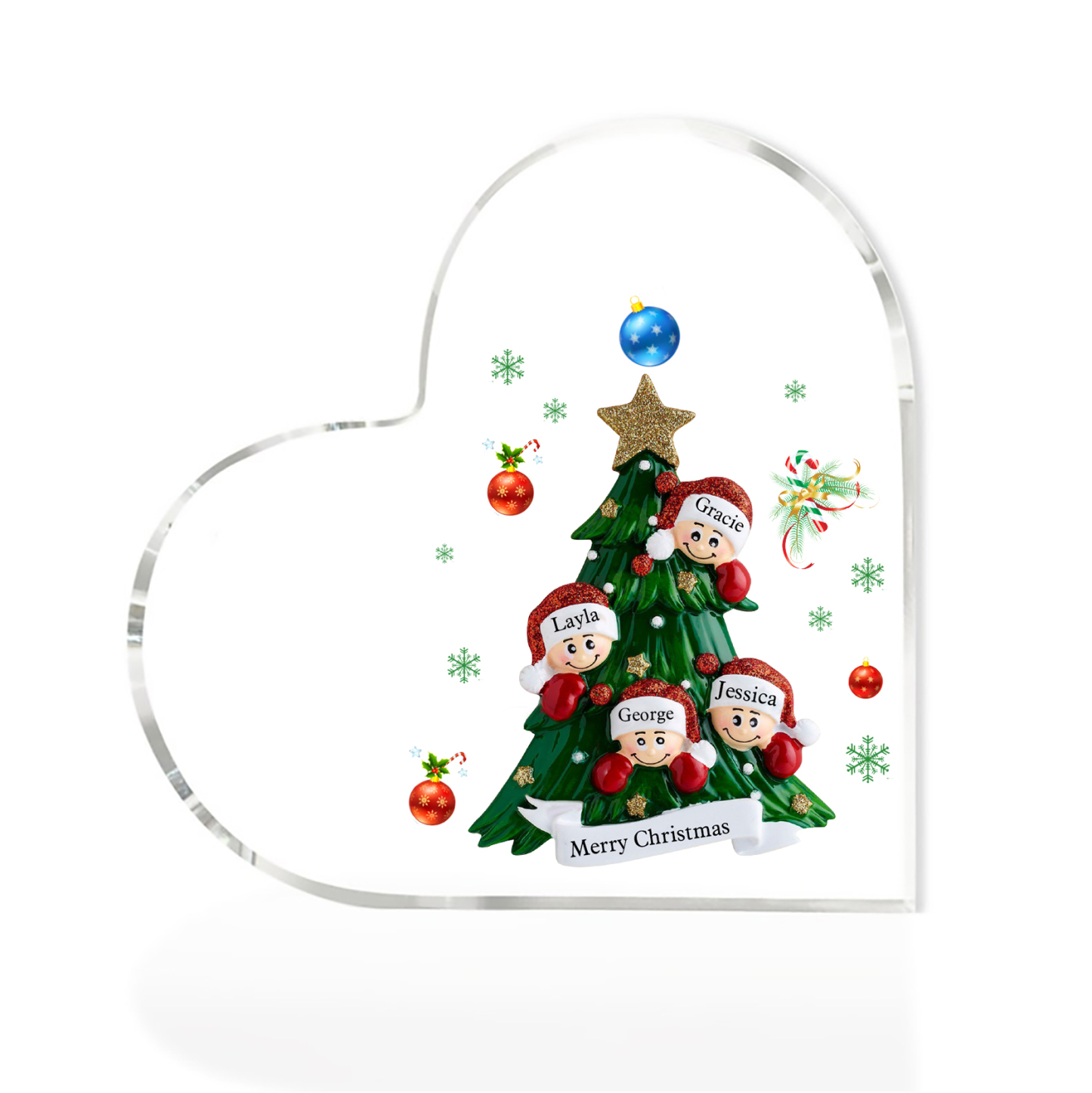 A familia-Placa de acrílico en forma de corazón árbol y muñecos 4 nombres y 1 texto personalizados | Jessemade