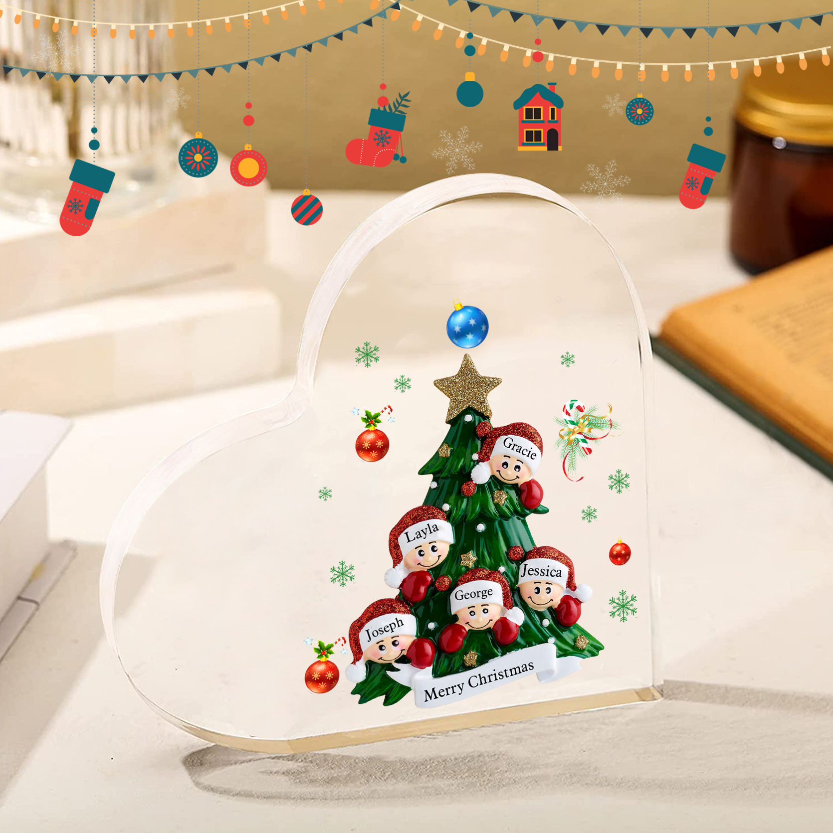 A familia-Placa de acrílico en forma de corazón árbol y muñecos 5 nombres y 1 texto personalizados | Jessemade