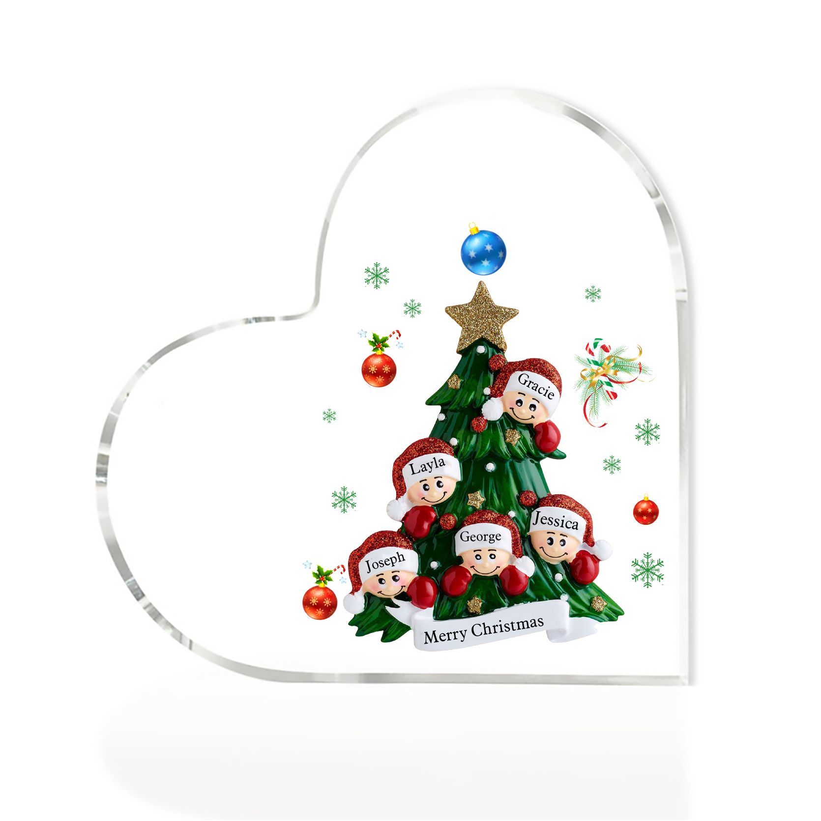 A familia-Placa de acrílico en forma de corazón árbol y muñecos 5 nombres y 1 texto personalizados | Jessemade