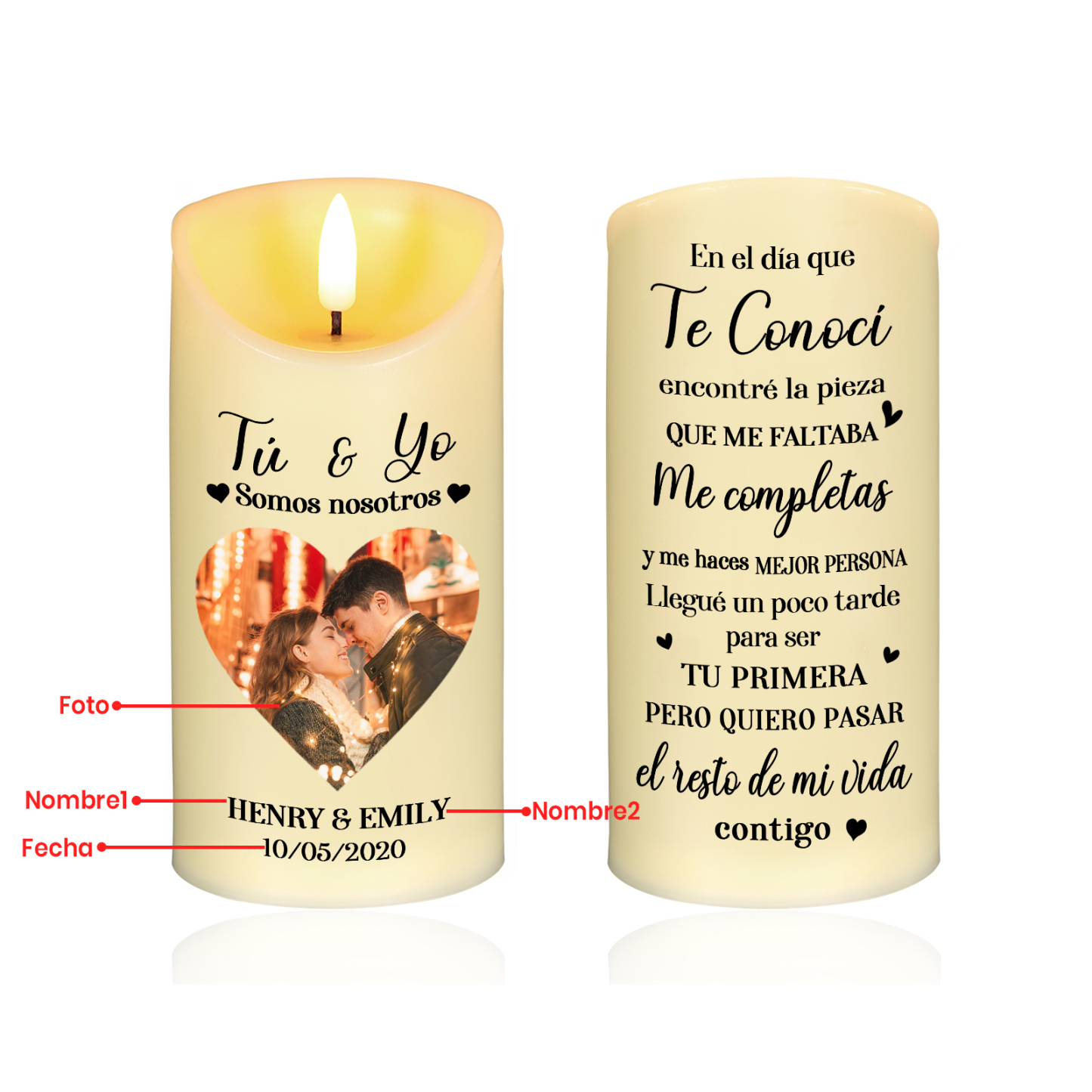 Vela electrónica para pareja con texto amoroso personalizada con 2 nombres, foto y fecha | Jessemade