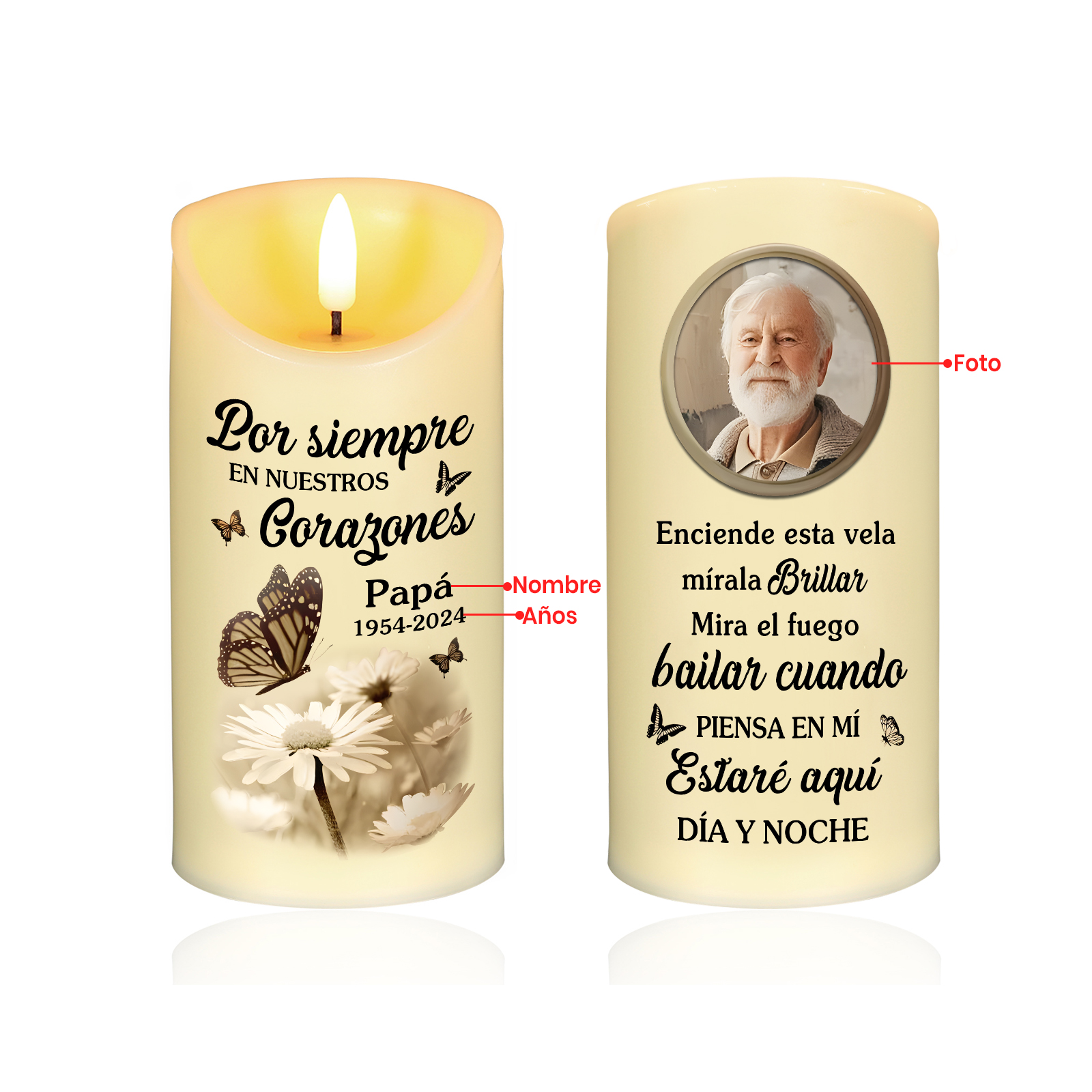 Vela electrónica con mariposas en memoria de ser querido nombre, foto y años personalizados | Jessemade