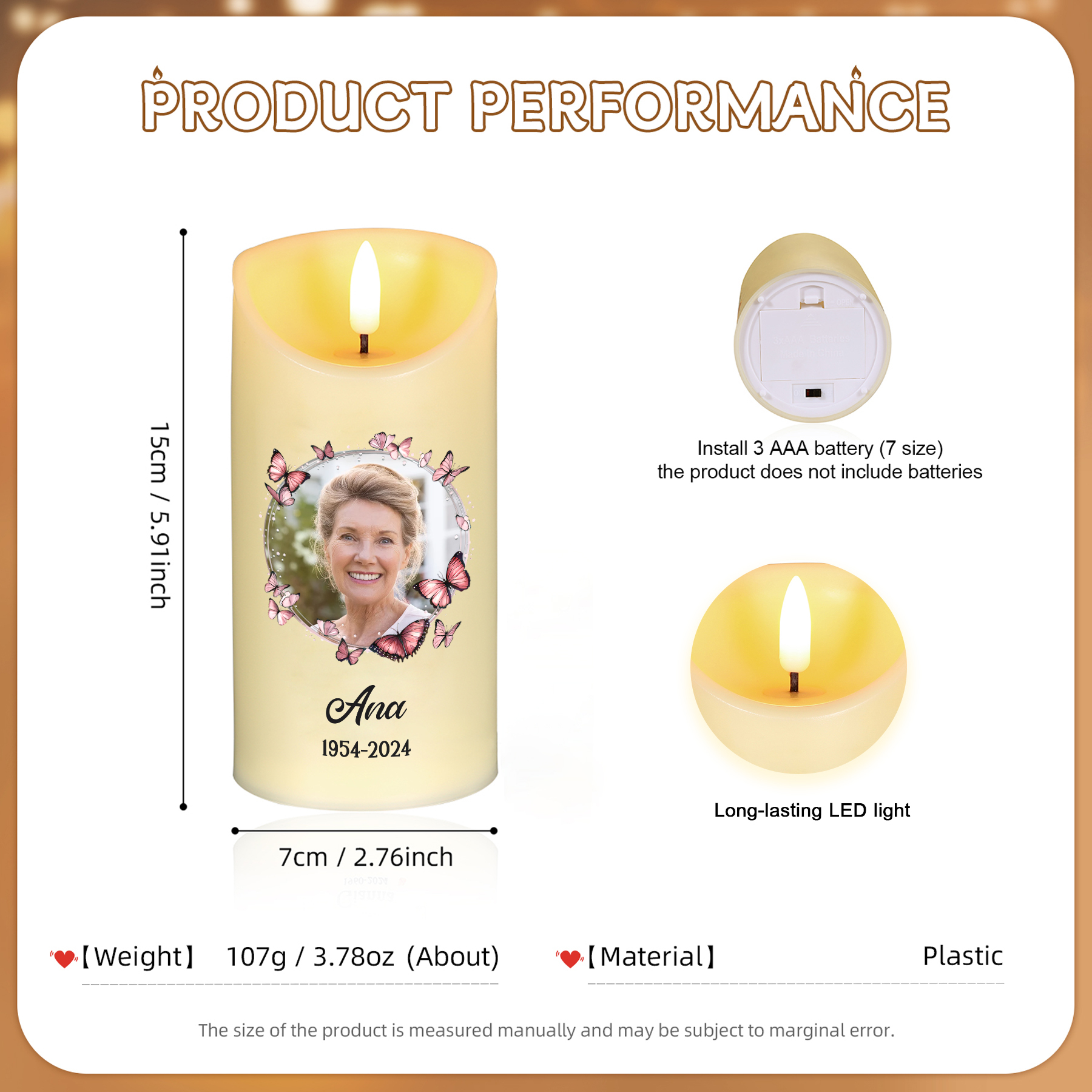 Vela electrónica con mariposas rosas en memoria de ser querido nombre, foto y años personalizados | Jessemade