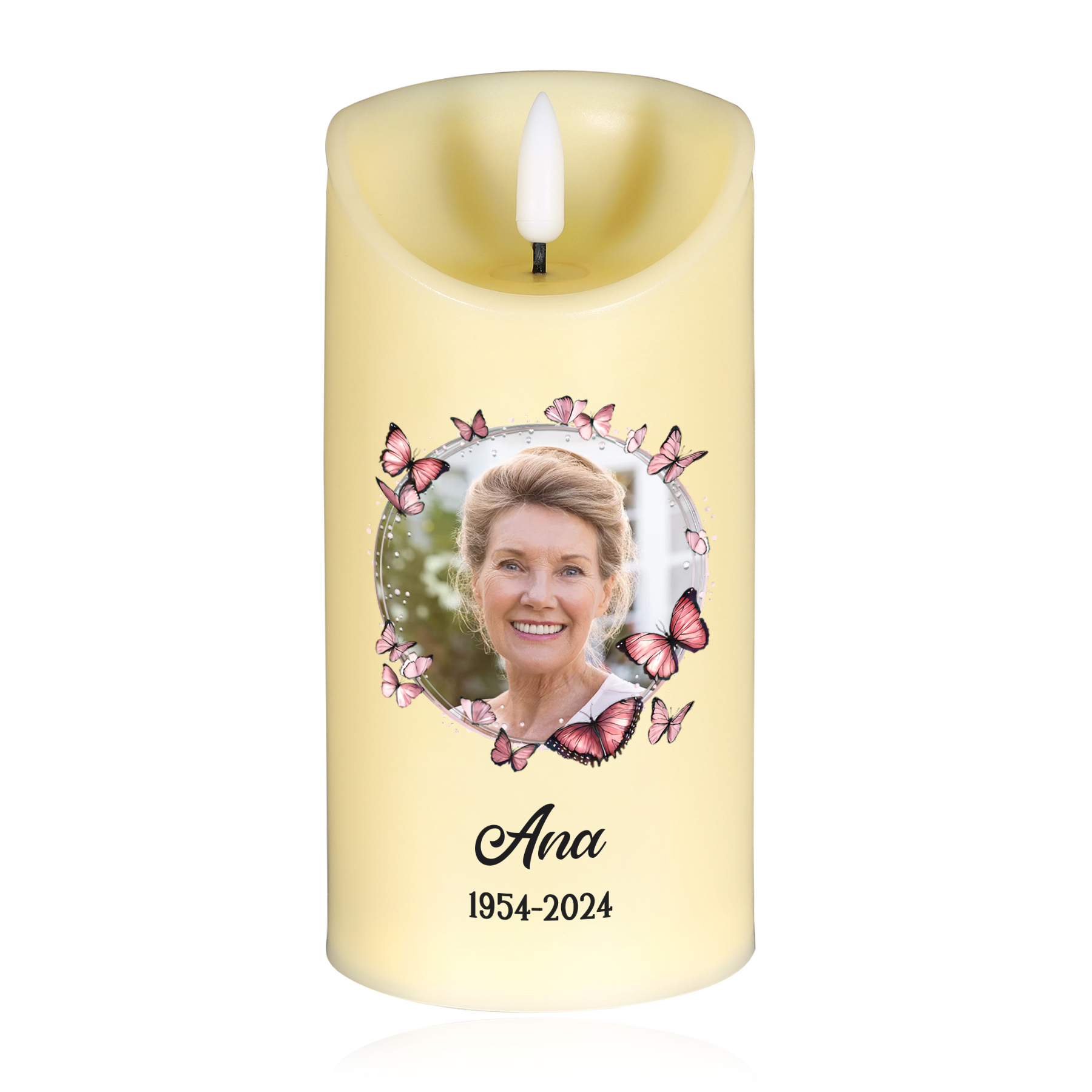 Vela electrónica con mariposas rosas en memoria de ser querido nombre, foto y años personalizados | Jessemade