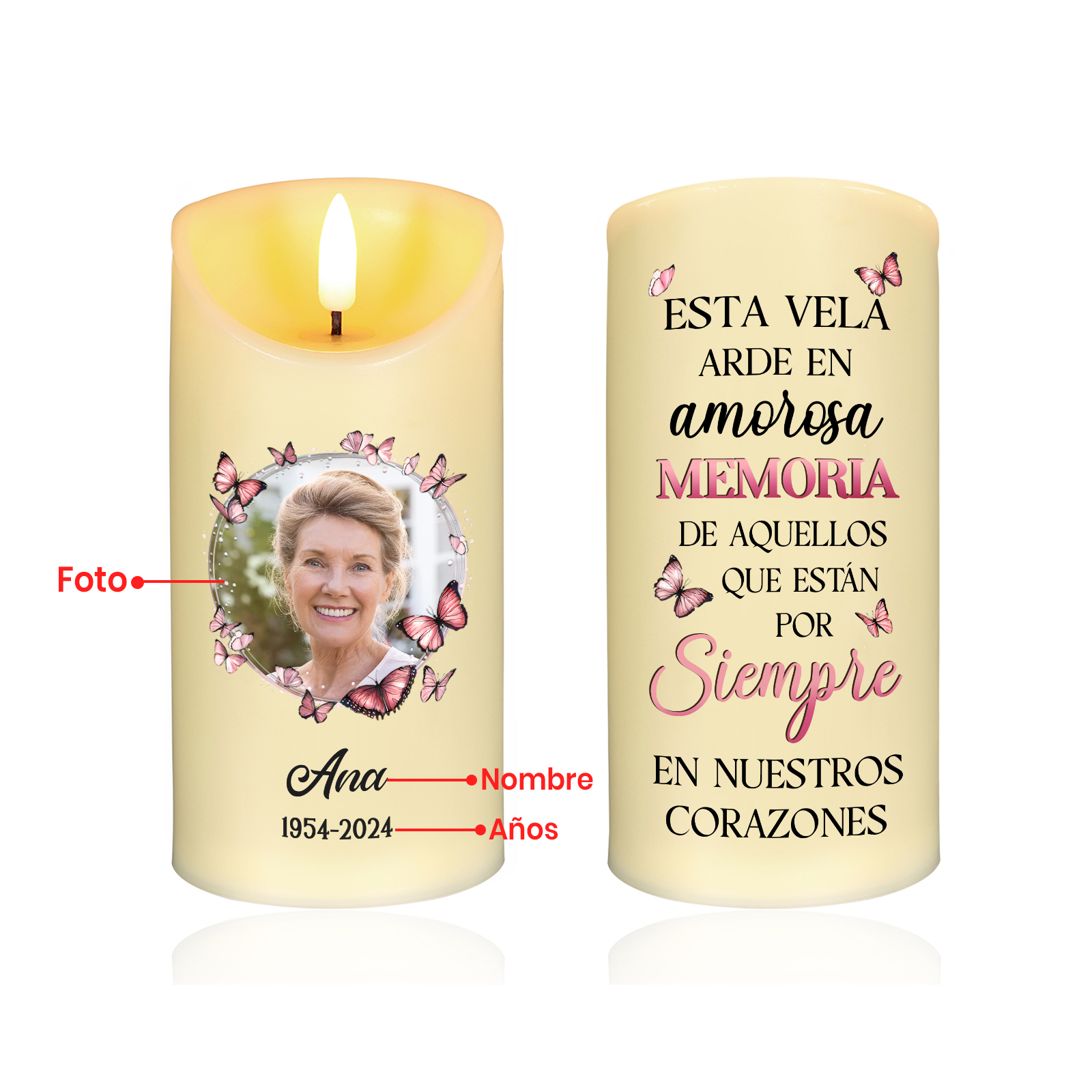 Vela electrónica con mariposas rosas en memoria de ser querido nombre, foto y años personalizados | Jessemade