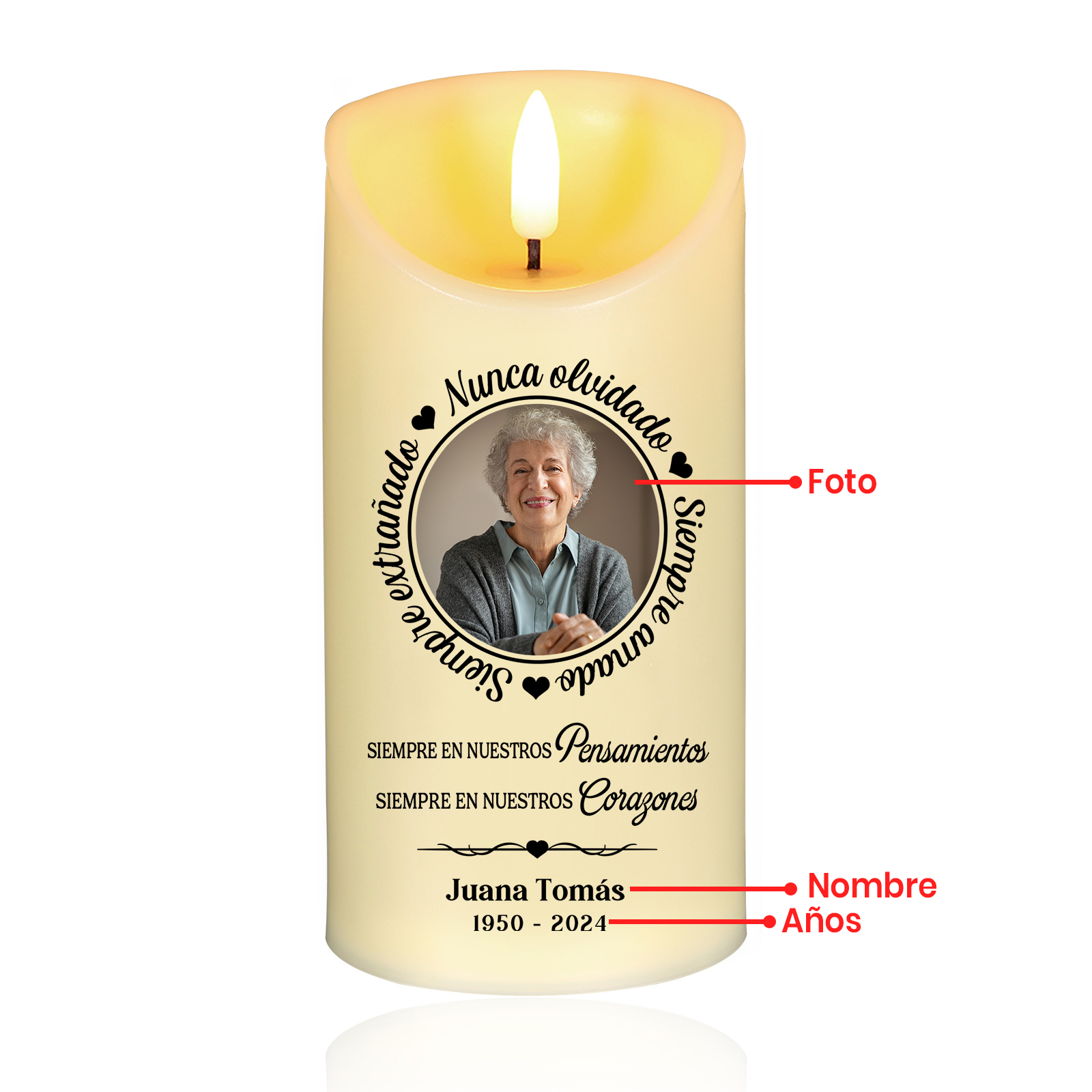 Vela electrónica con palabras amorosas en memoria de ser querido nombre, foto y años personalizados | Jessemade