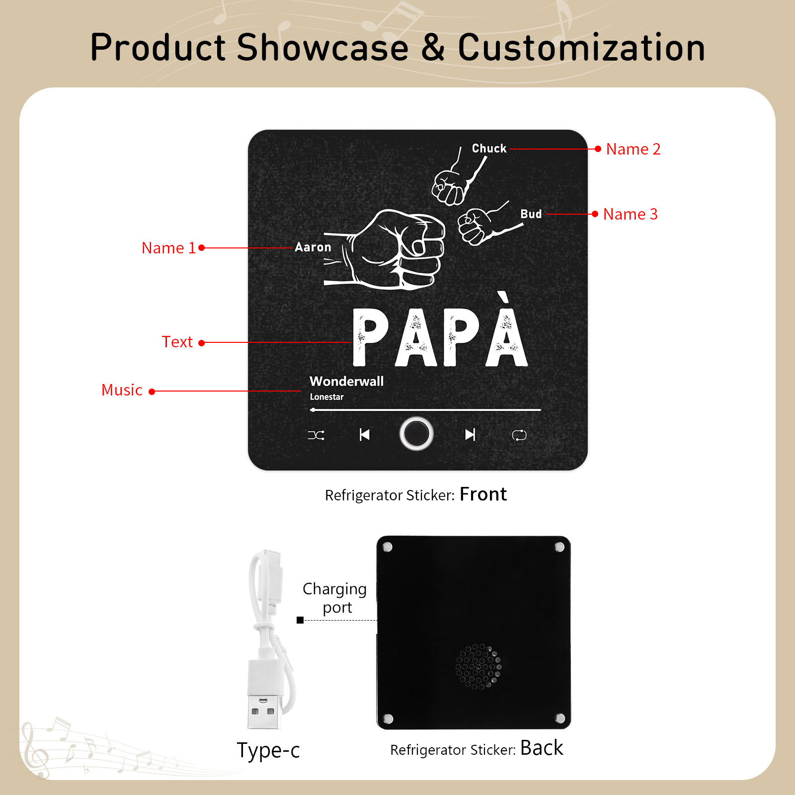 Papá-Pegatina para nevera "music player" puño con puño con 2-5 nombres, texto y música personalizados | Jessemade