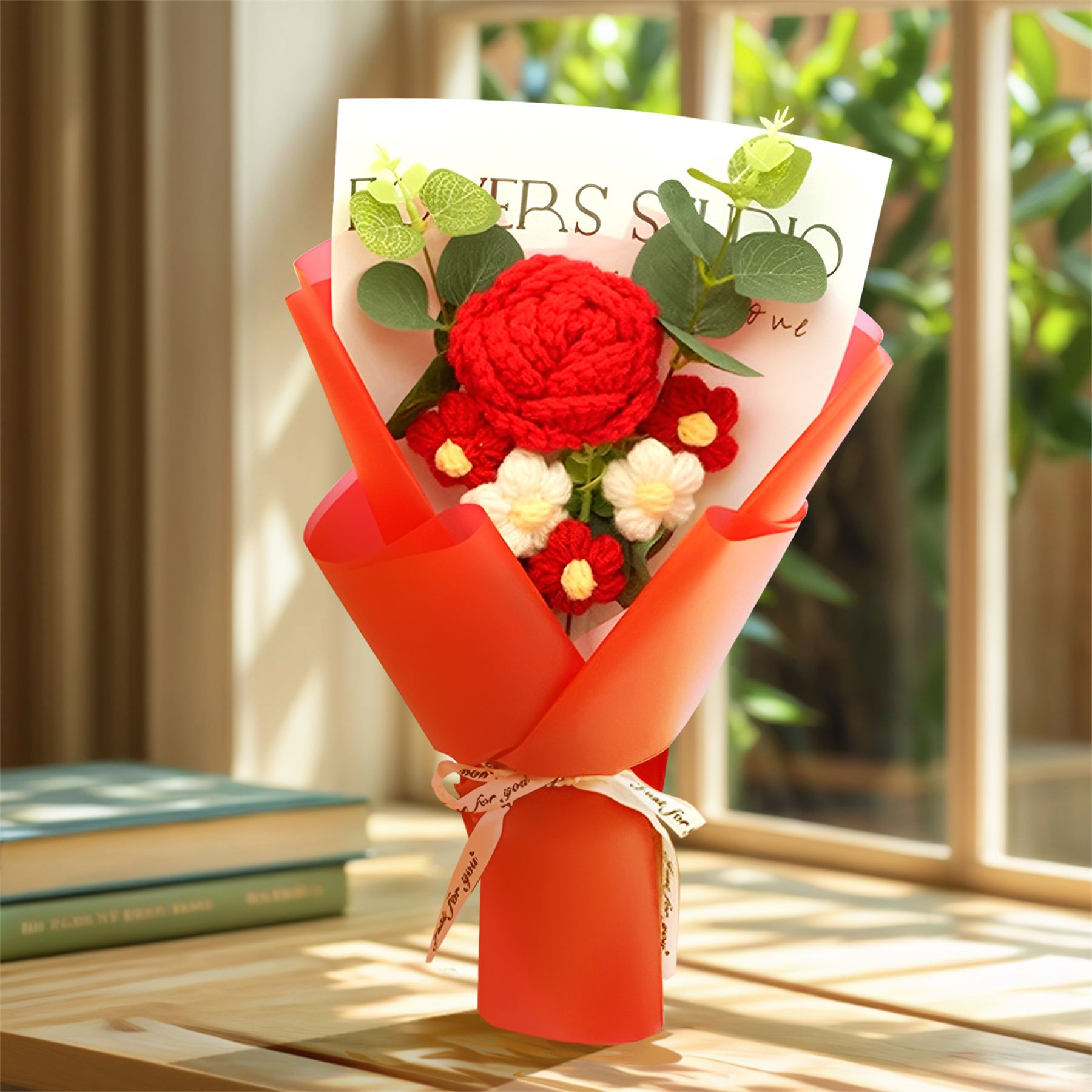 Ramo de flores de hilo hechas a mano – Regalo de rosa, girasol y clave