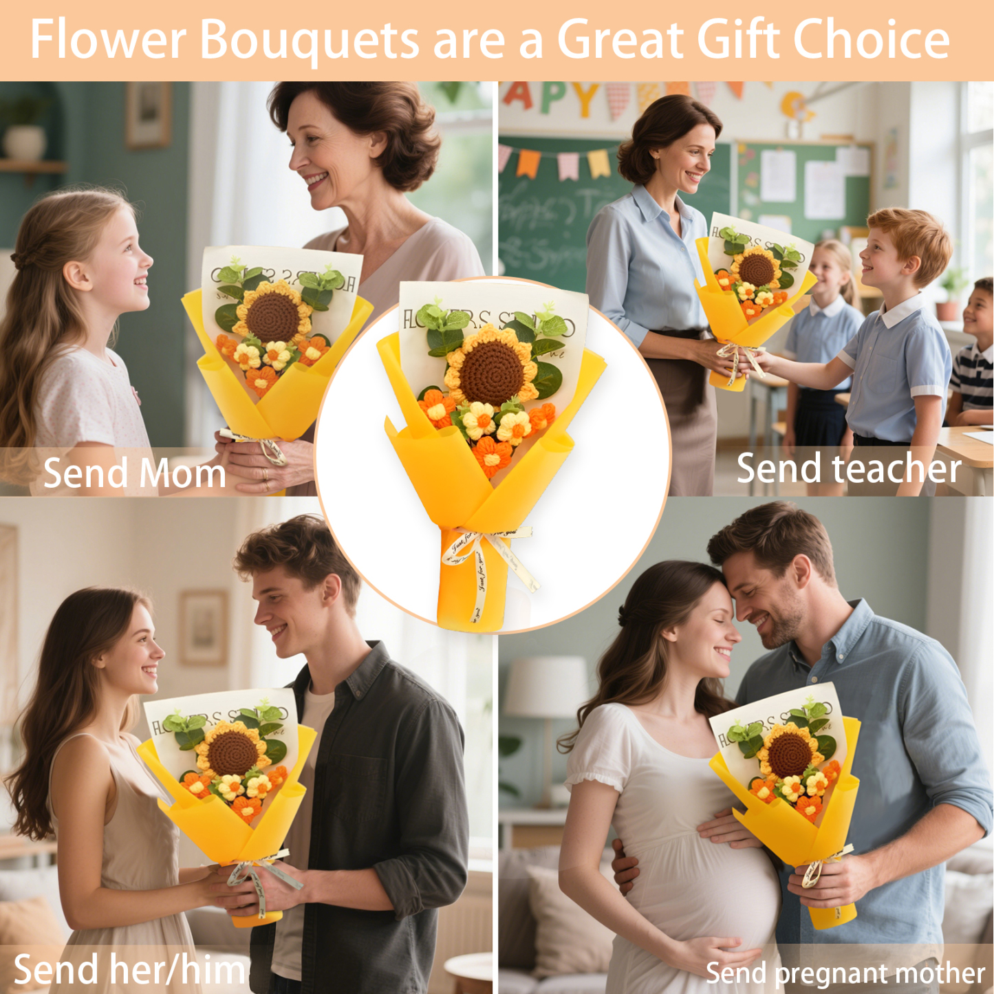 Handcrafted Yarn Flower Bouquet – Rose&Sunflower&Carnation Gift for Mum or Loved One | Jessemade