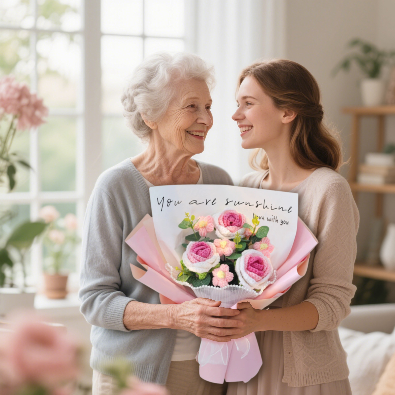 "You Are Sunshine" Knitted Yarn Rose Bouquet – Handmade Gift with Gift Bag | Jessemade