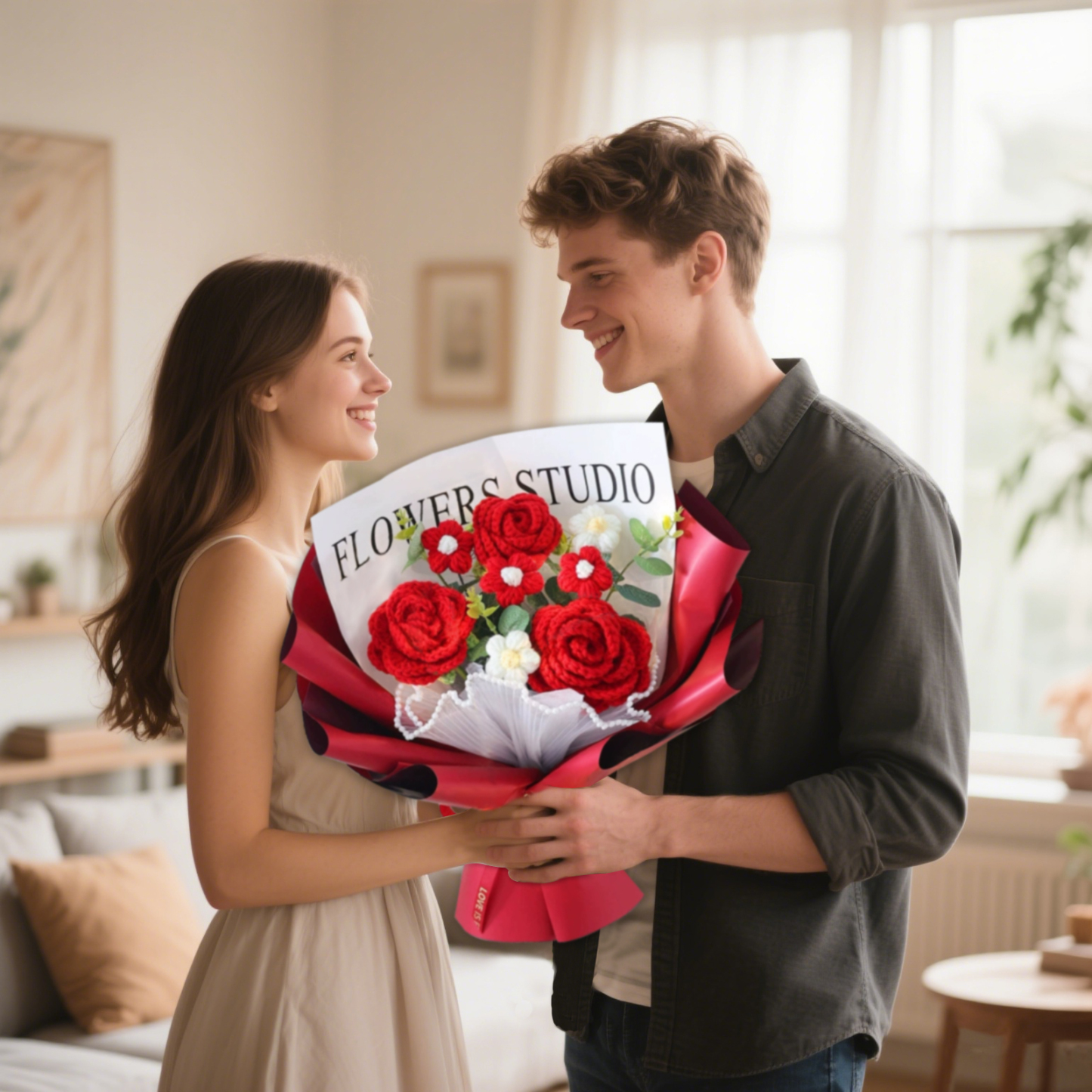 "You Are Sunshine" Knitted Yarn Rose Bouquet – Handmade Gift with Gift Bag | Jessemade