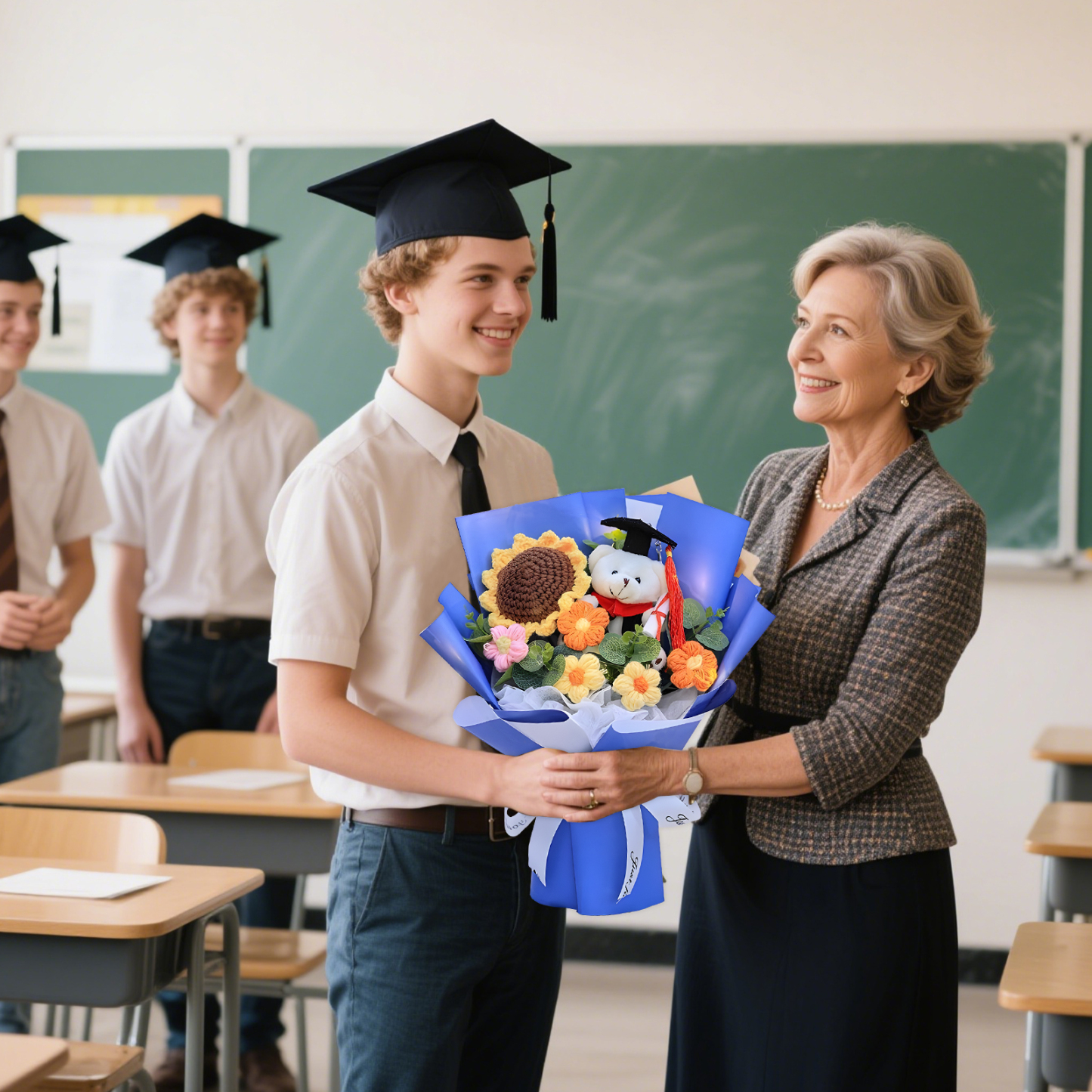 Graduation Teddy Bear Bouquet – Crochet Flower Gift with Cap and Scroll | Jessemade