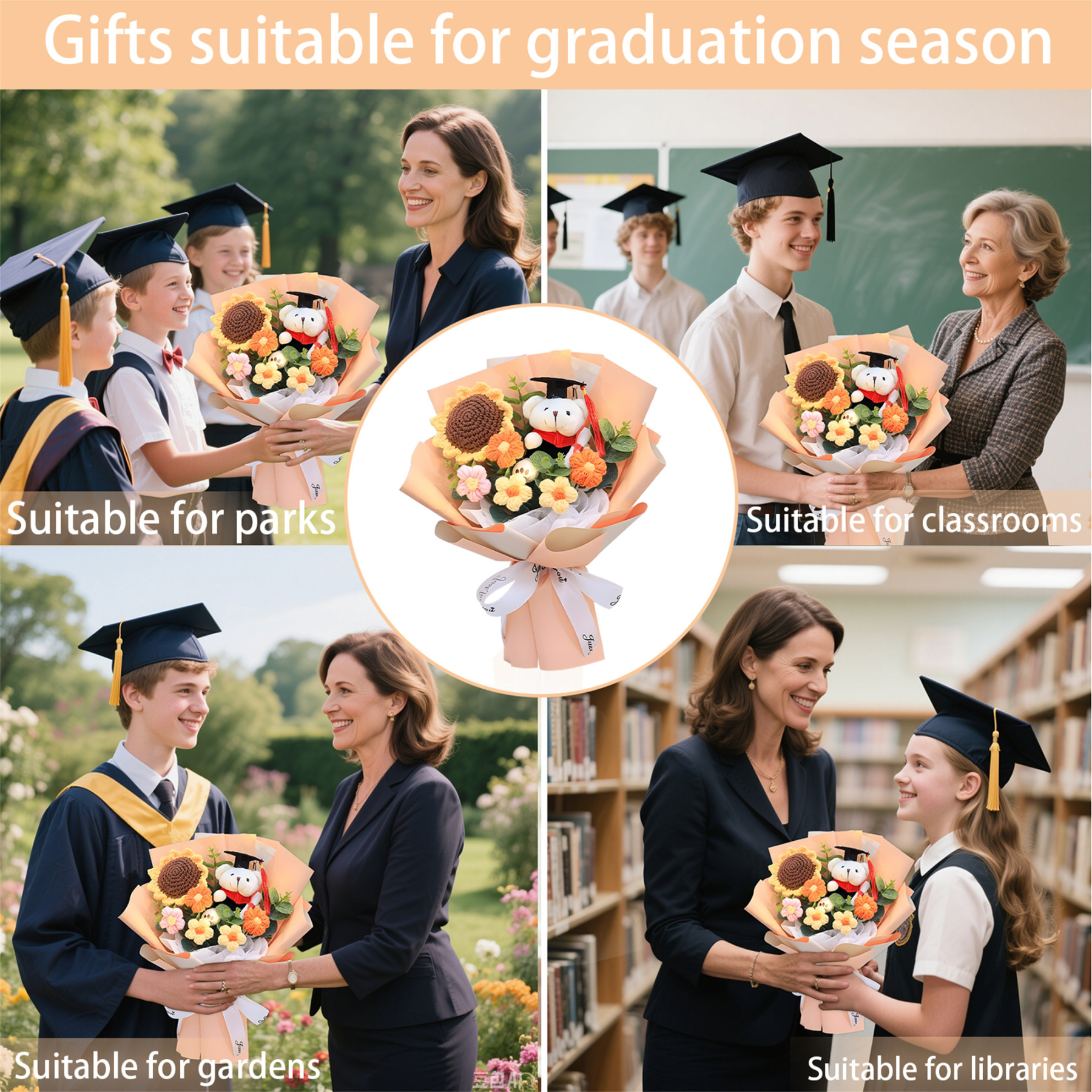Graduation Teddy Bear Bouquet – Crochet Flower Gift with Cap and Scroll | Jessemade