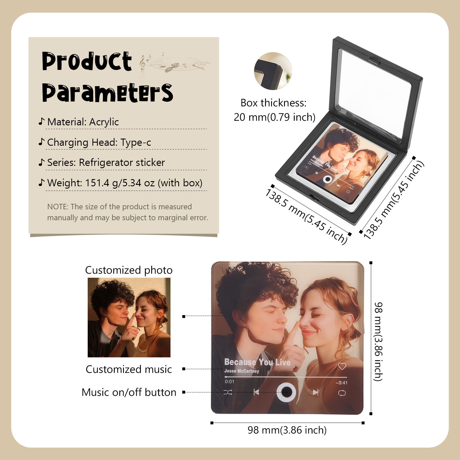 Pareja-Pegatina para nevera "music player" con foto y música personalizados | Jessemade