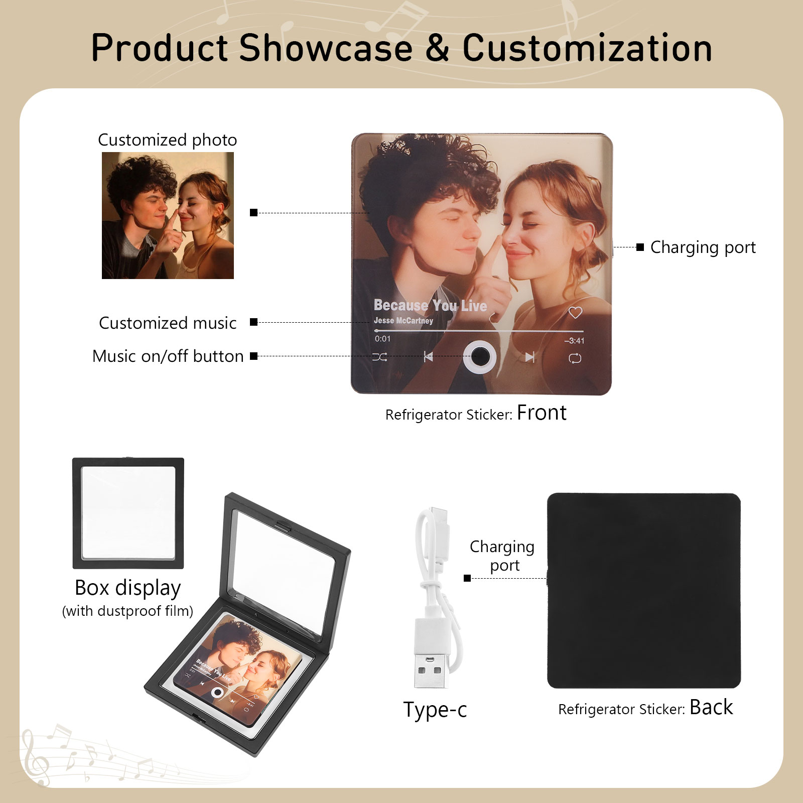 Pareja-Pegatina para nevera "music player" con foto y música personalizados | Jessemade