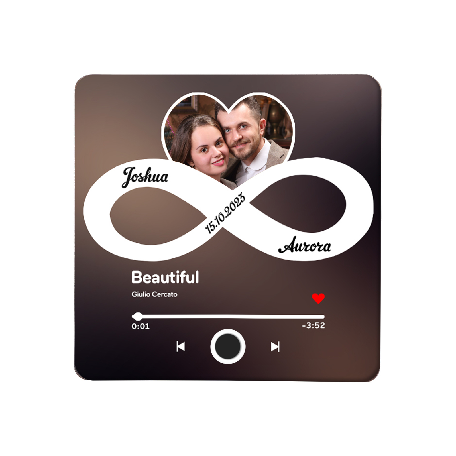 Pareja-Pegatina para nevera "music player" con infinito con 2 nombres, foto, fecha y música personalizados | Jessemade