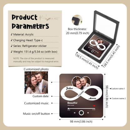 Pareja-Pegatina para nevera "music player" con infinito con 2 nombres, foto, fecha y música personalizados | Jessemade