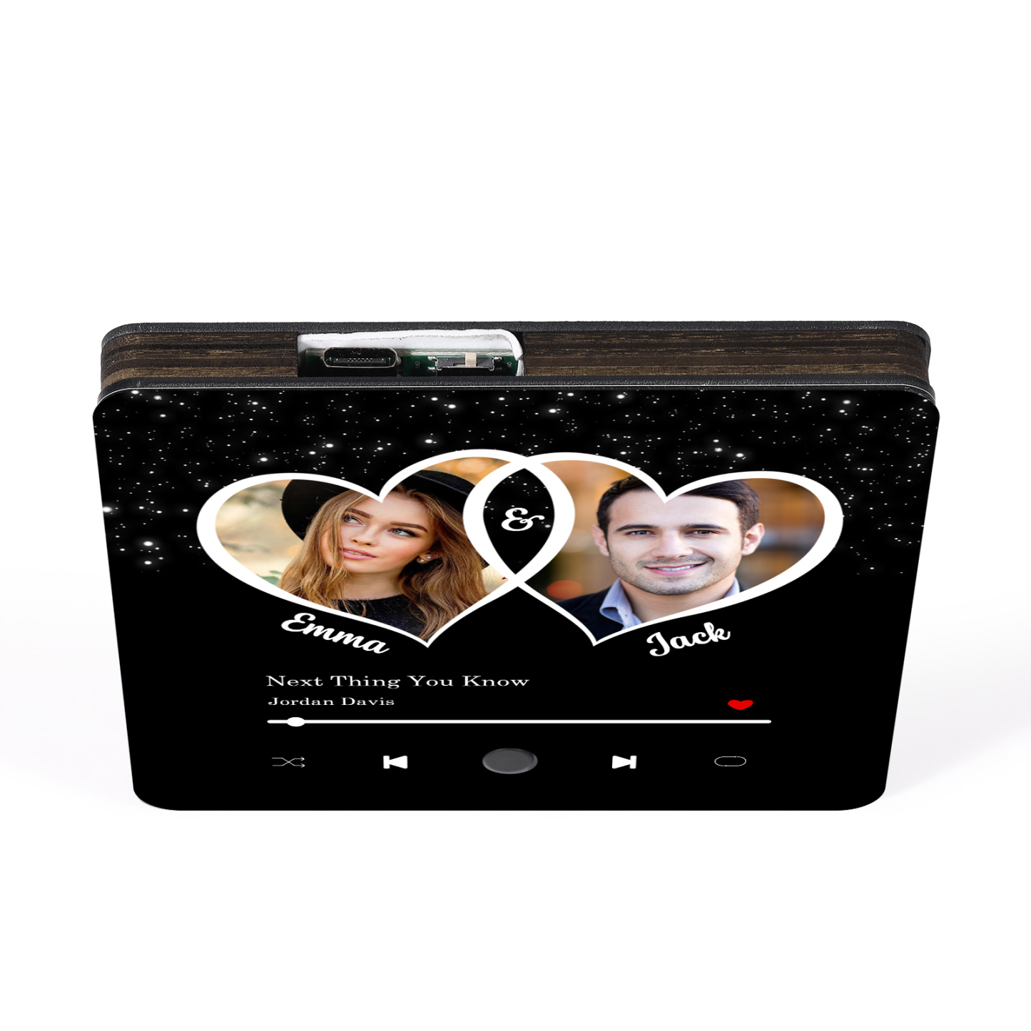 Pareja-Pegatina para nevera "music player" corazones entrelazados con 2 nombres, 2 fotos y música personalizados | Jessemade