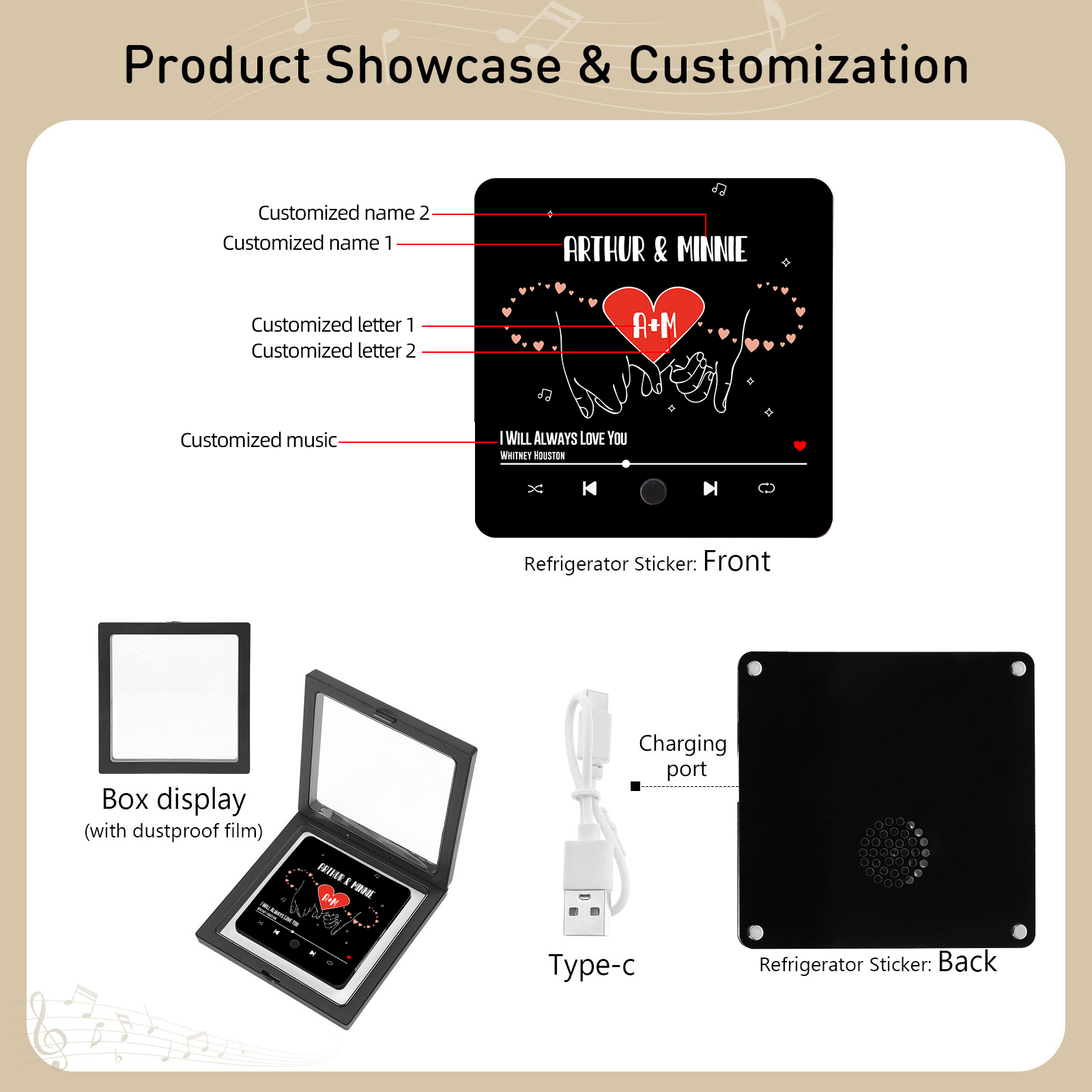 Pareja-Pegatina para nevera "music player" muñiques cruzados con 2 nombres, 2 letras y música personalizados | Jessemade