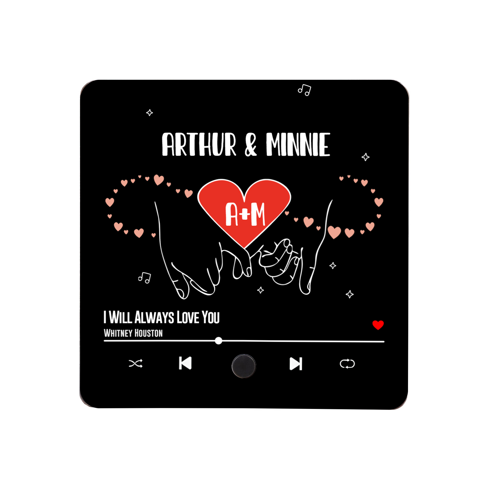 Pareja-Pegatina para nevera "music player" muñiques cruzados con 2 nombres, 2 letras y música personalizados | Jessemade