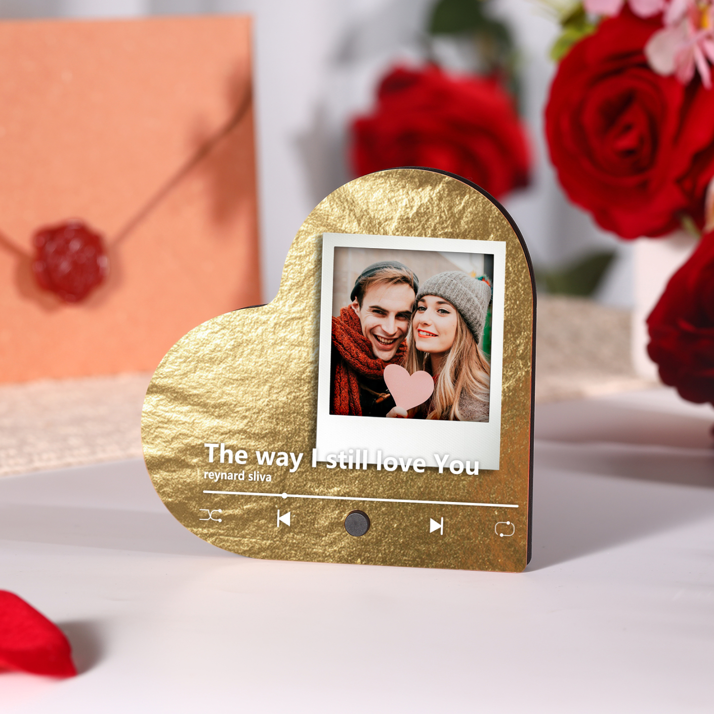 Pareja-Pegatina para nevera "music player" en forma de corazón con foto y música personalizados | Jessemade