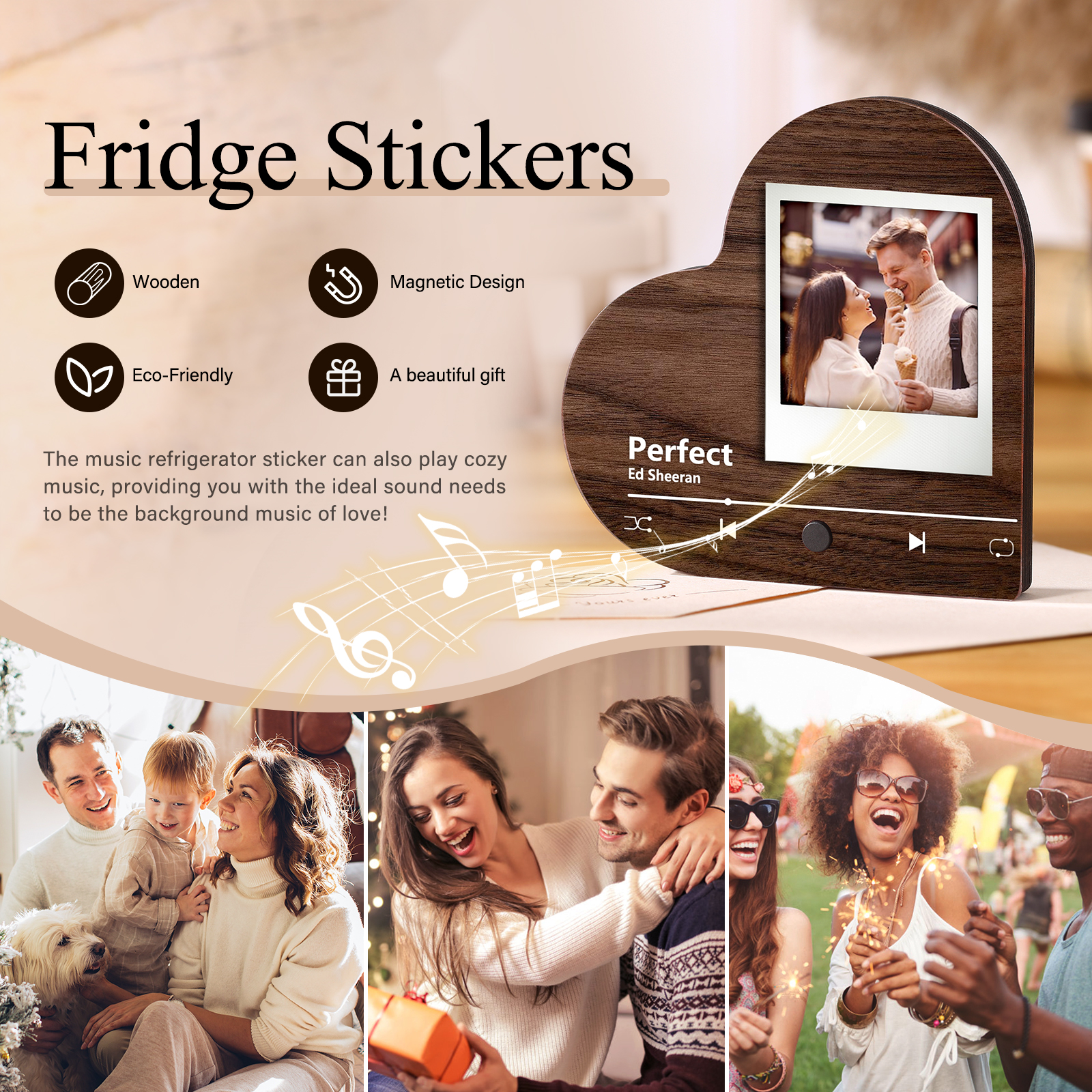 Pareja-Pegatina para nevera "music player" en forma de corazón con foto y música personalizados | Jessemade