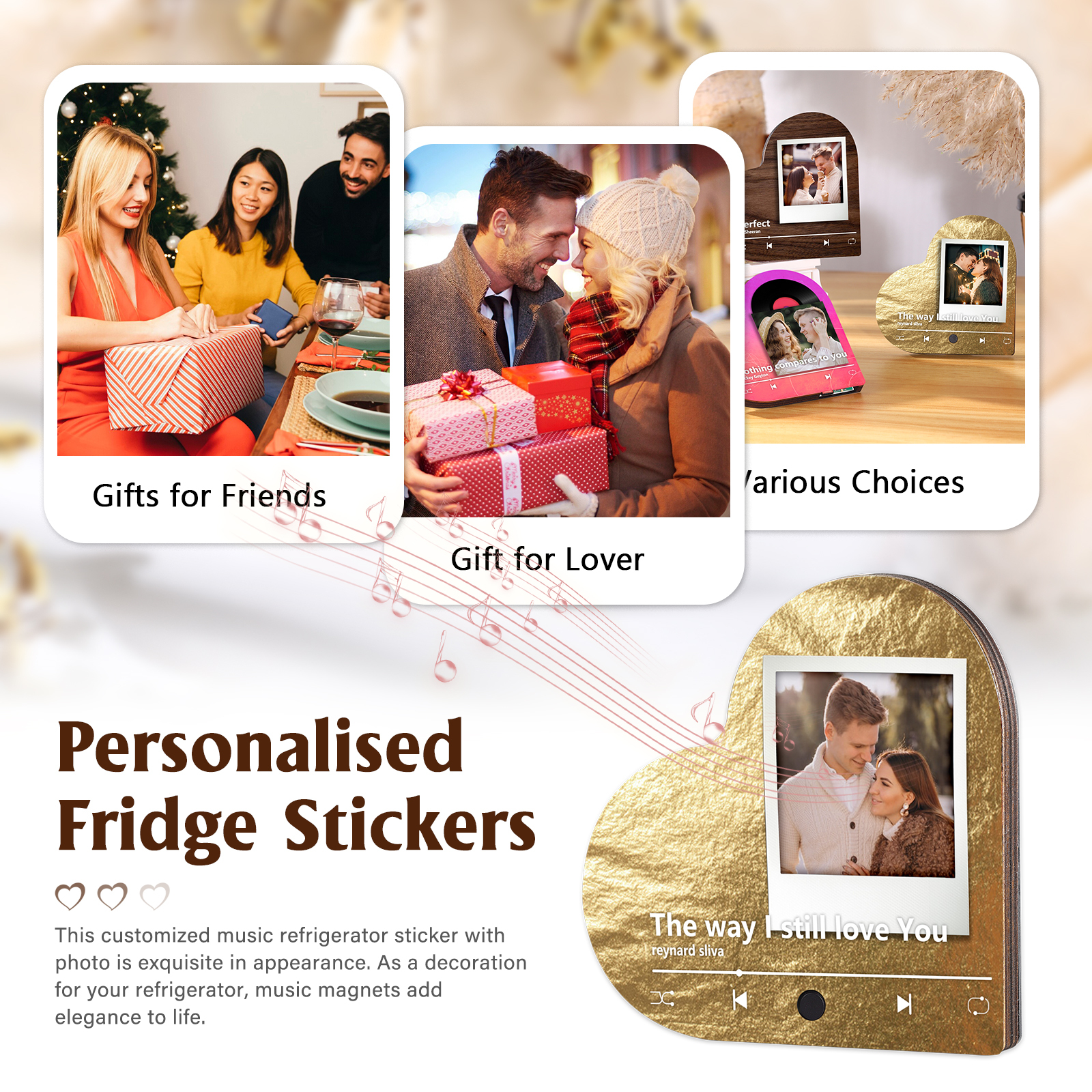 Pareja-Pegatina para nevera "music player" en forma de corazón con foto y música personalizados | Jessemade