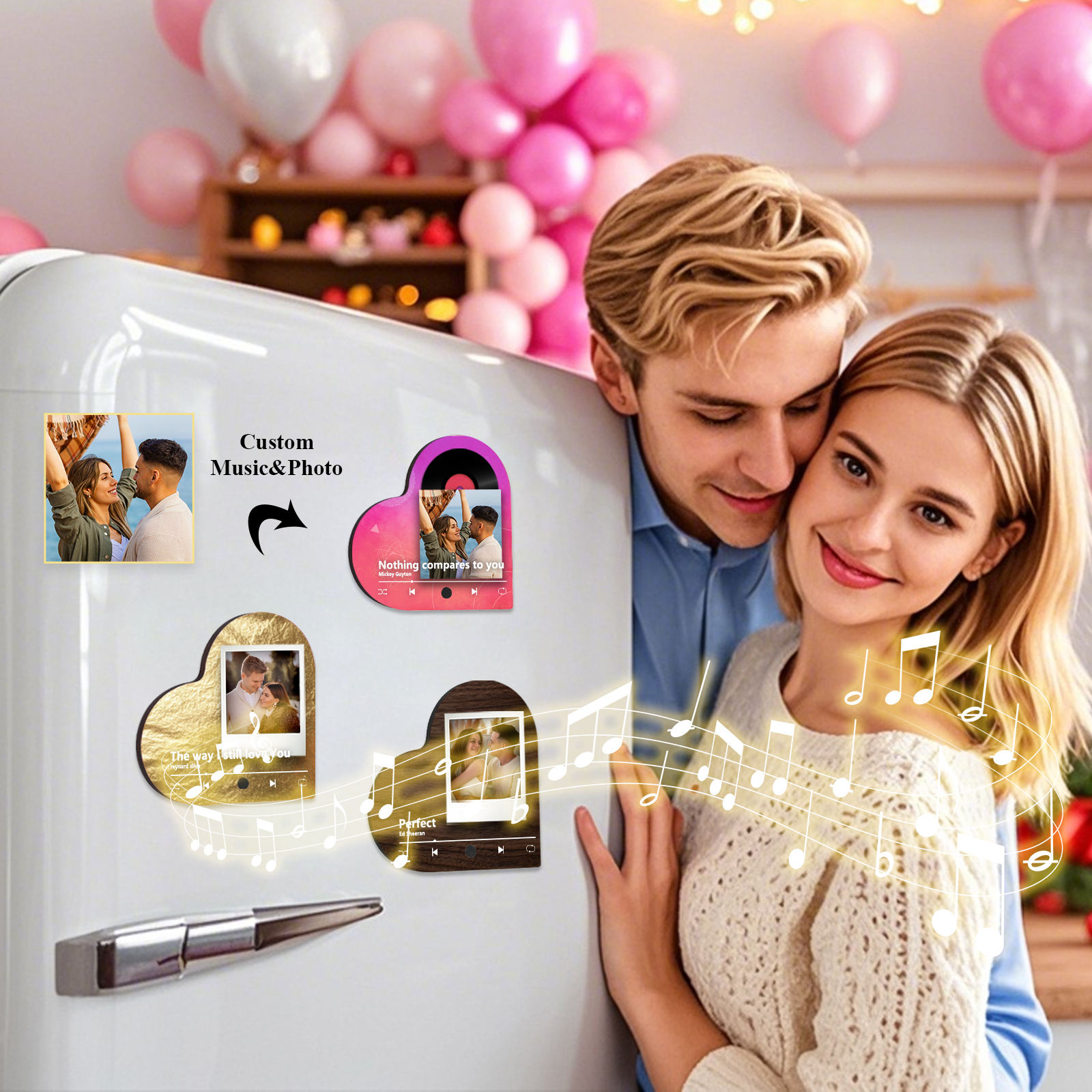 Pareja-Pegatina para nevera "music player" en forma de corazón con foto y música personalizados | Jessemade