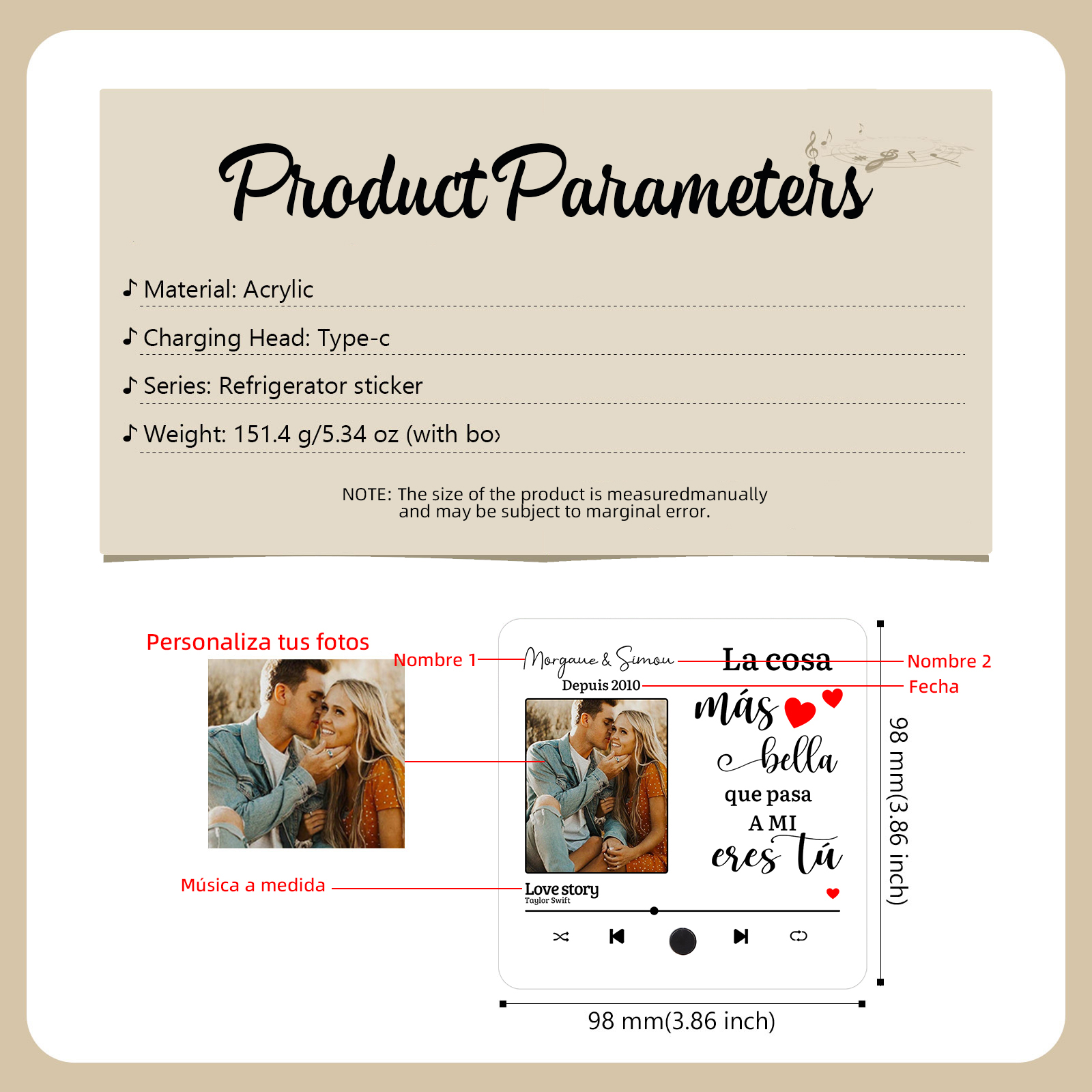 Pareja-Pegatina para nevera "music player" con 2 nombres, foto, año y música personalizados | Jessemade