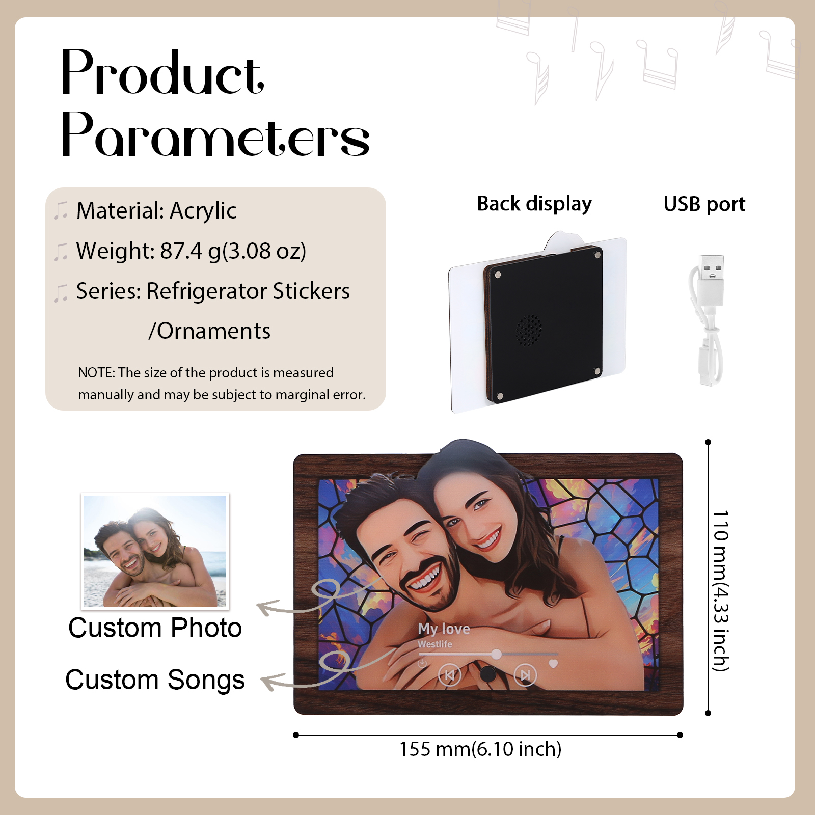 Pareja-Pegatina para nevera "music player" animación de persona con foto y música personalizados | Jessemade