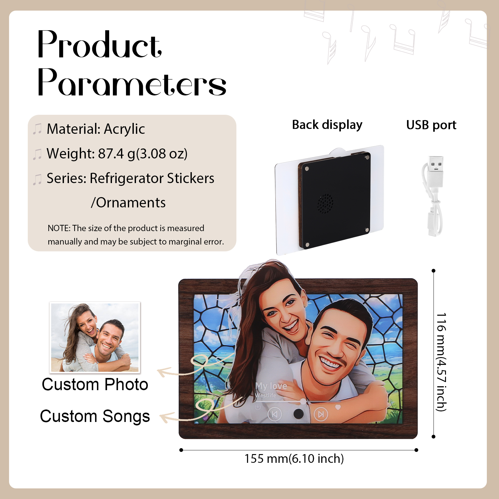 Pareja-Pegatina para nevera "music player" animación de persona con foto y música personalizados | Jessemade