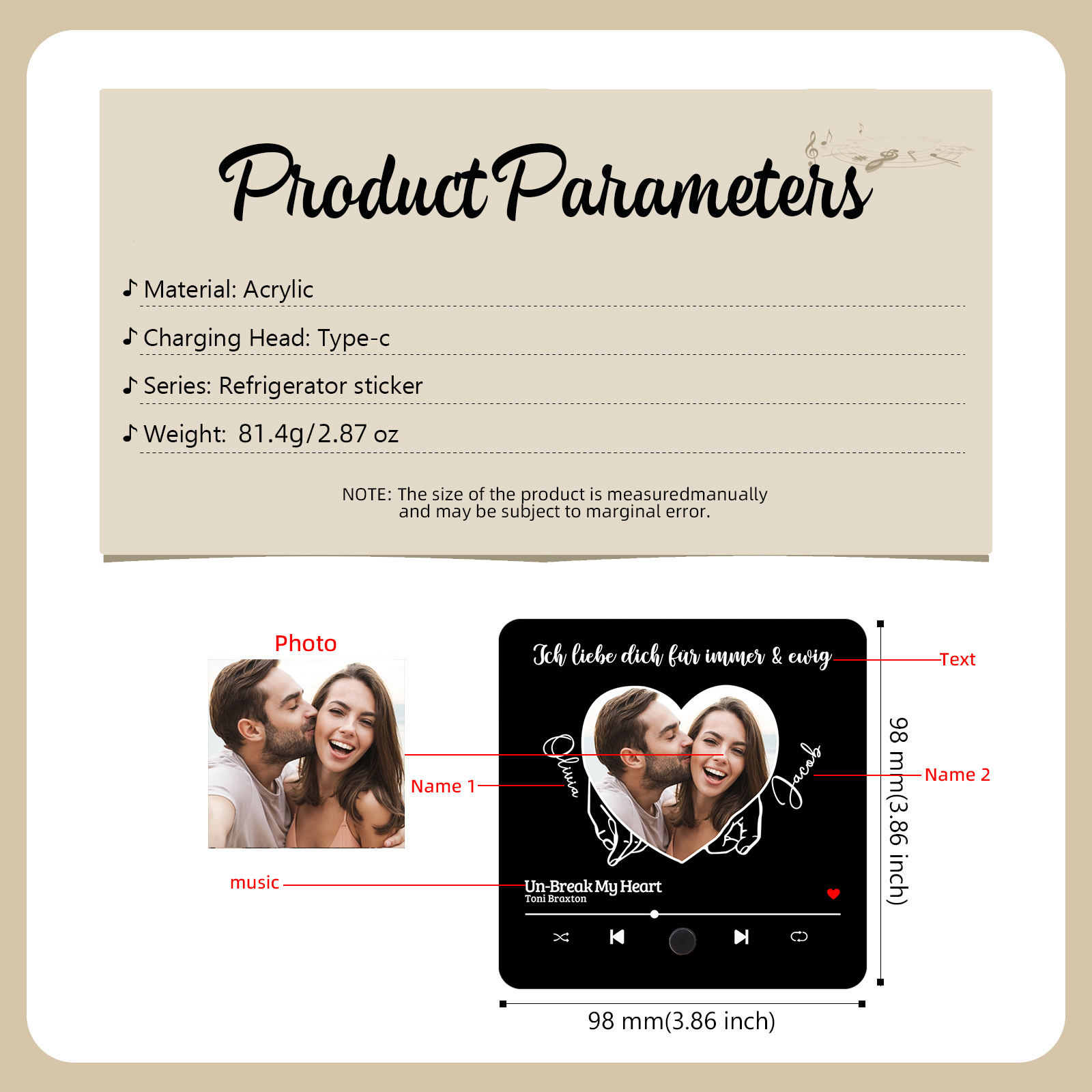 Pareja-Pegatina para nevera "music player" meñiques cruzados y corazón con 2 nombres, foto, texto y música personalizados | Jessemade