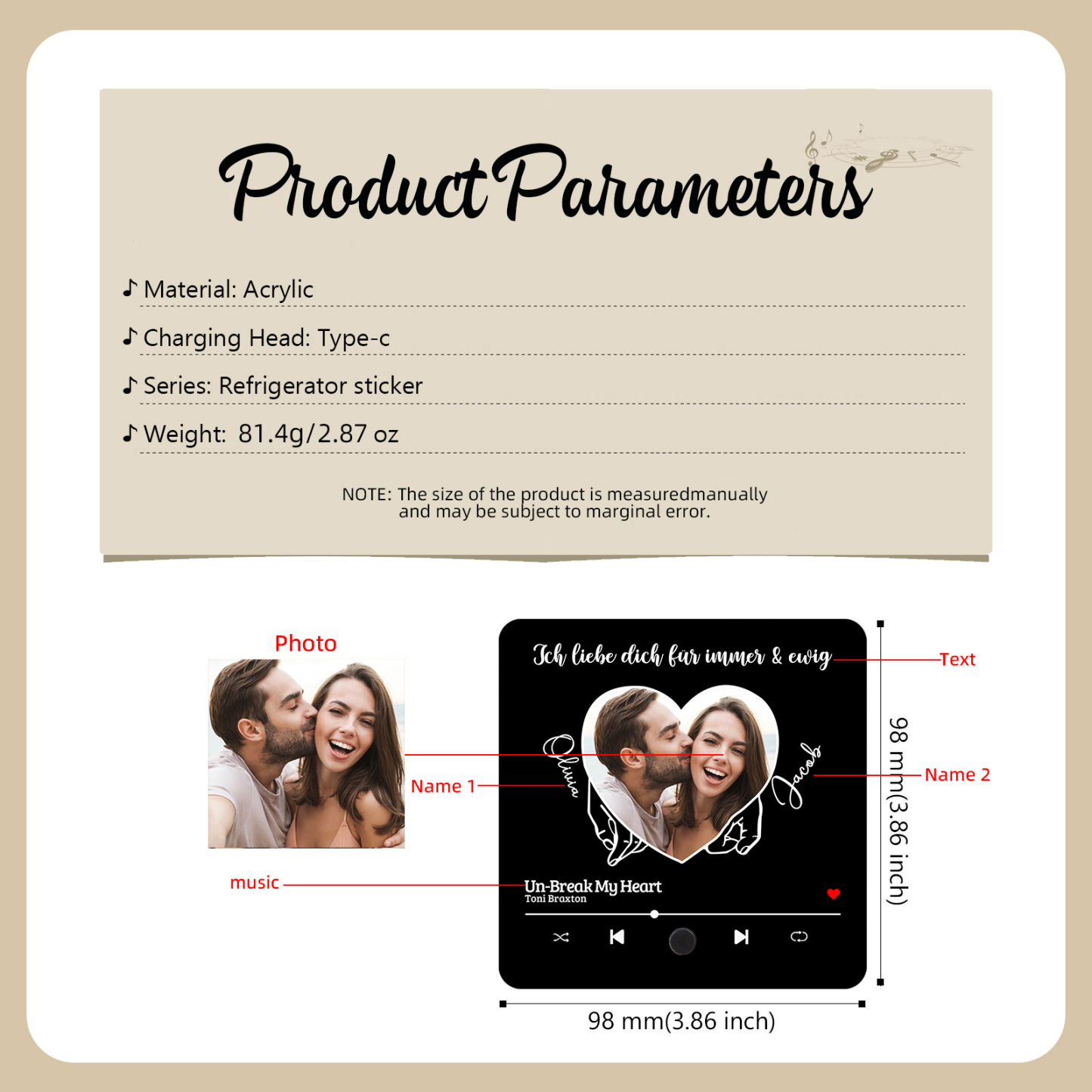 Pareja-Pegatina para nevera "music player" meñiques cruzados y corazón con 2 nombres, foto, texto y música personalizados | Jessemade