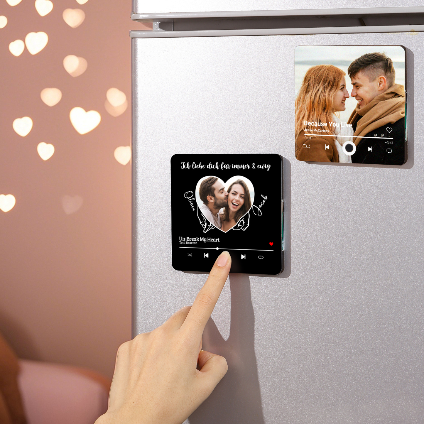Pareja-Pegatina para nevera "music player" meñiques cruzados y corazón con 2 nombres, foto, texto y música personalizados | Jessemade