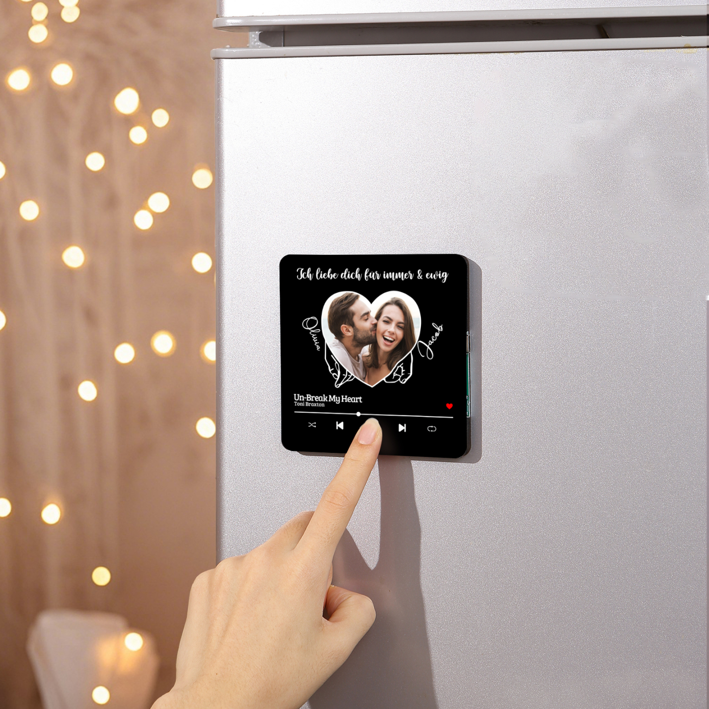 Pareja-Pegatina para nevera "music player" meñiques cruzados y corazón con 2 nombres, foto, texto y música personalizados | Jessemade