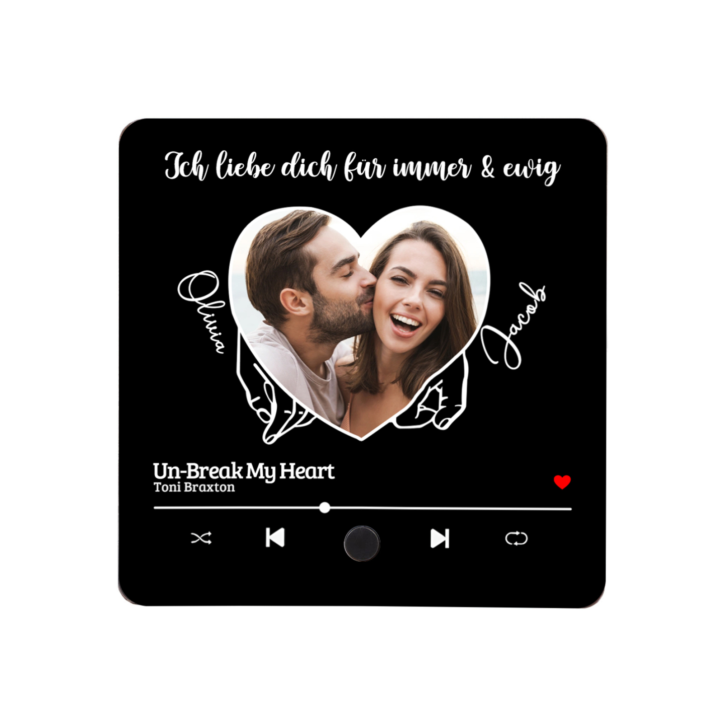 Pareja-Pegatina para nevera "music player" meñiques cruzados y corazón con 2 nombres, foto, texto y música personalizados | Jessemade