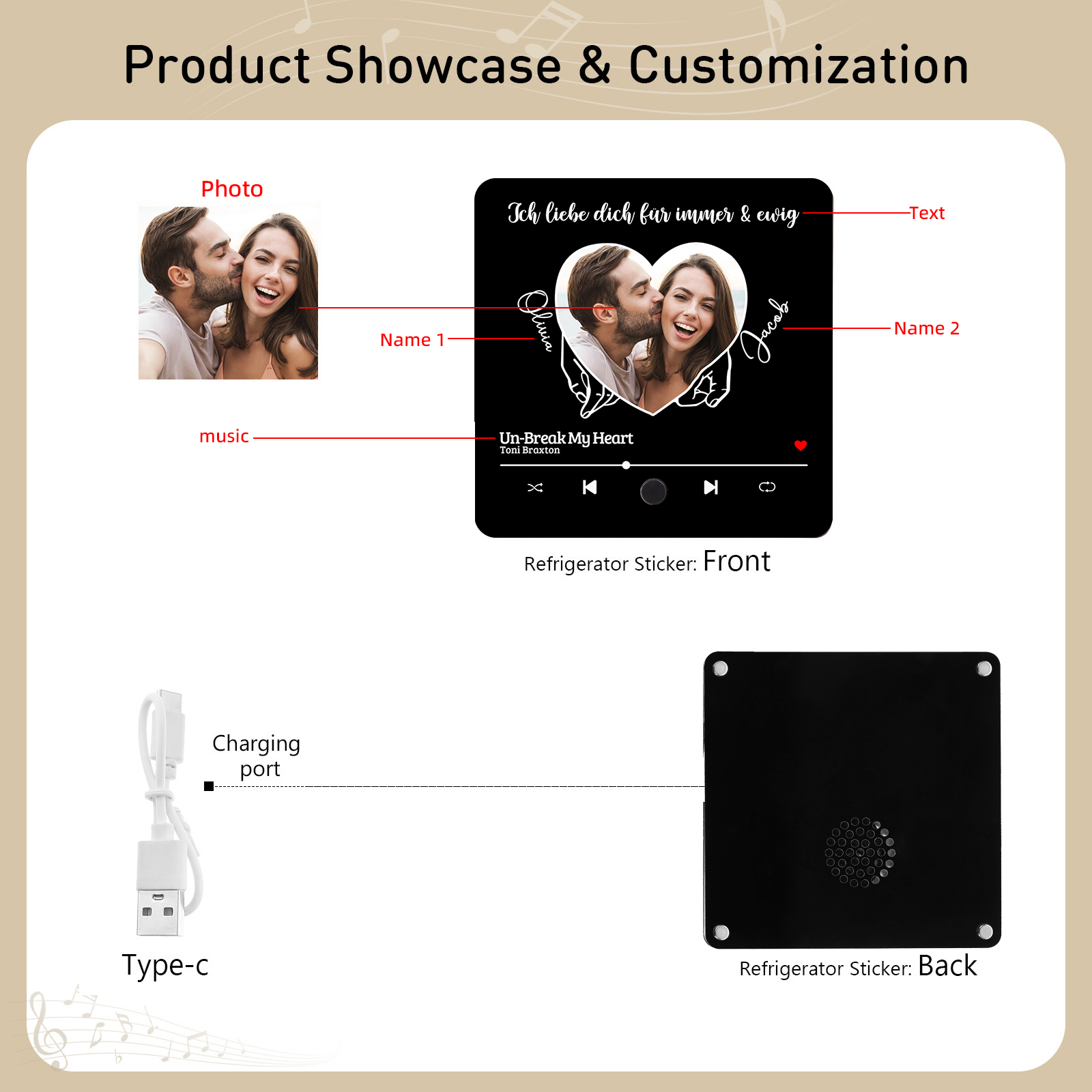 Pareja-Pegatina para nevera "music player" meñiques cruzados y corazón con 2 nombres, foto, texto y música personalizados | Jessemade