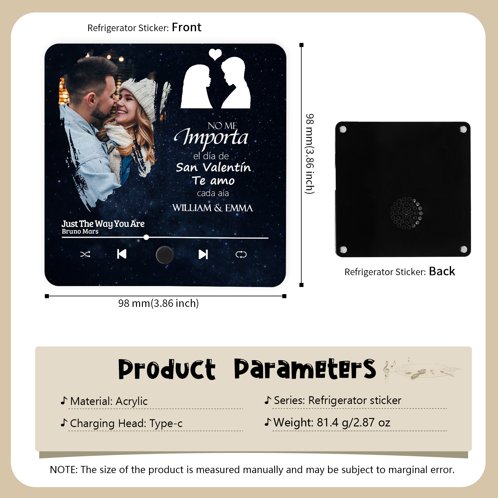 Pareja-Pegatina para nevera "music player" con 2 nombres, foto y música personalizados | Jessemade