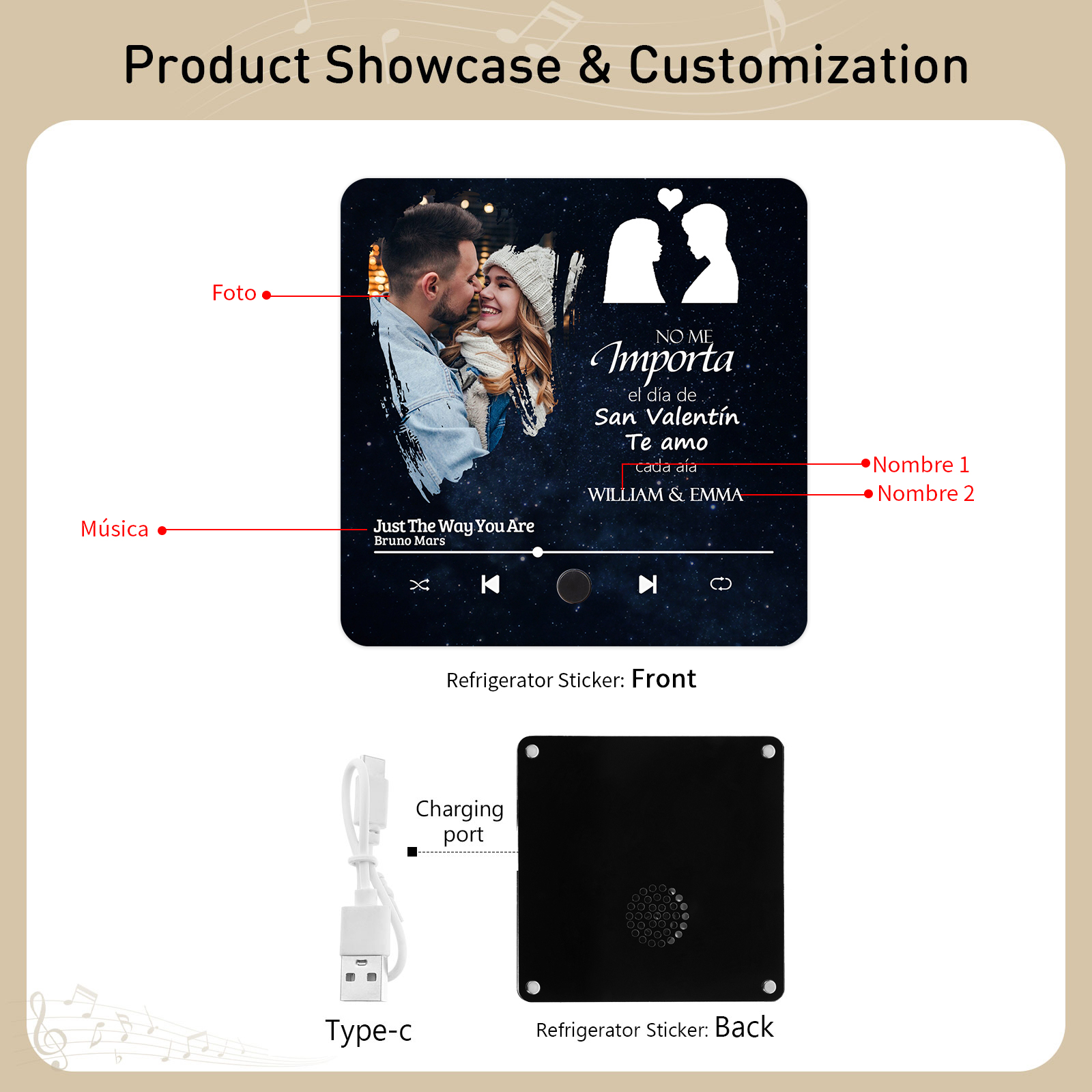 Pareja-Pegatina para nevera "music player" con 2 nombres, foto y música personalizados | Jessemade