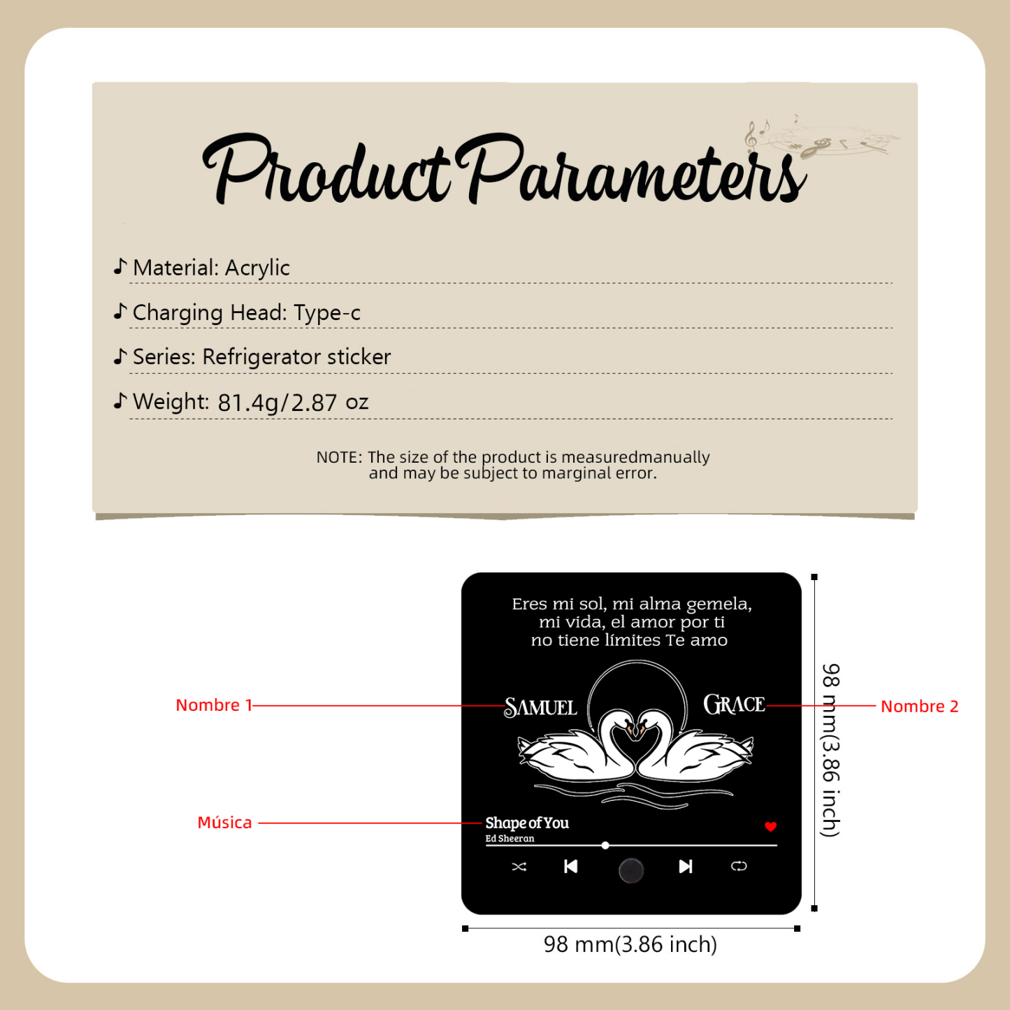 Pareja-Pegatina para nevera "music player" cisnes con 2 nombres y música personalizados | Jessemade