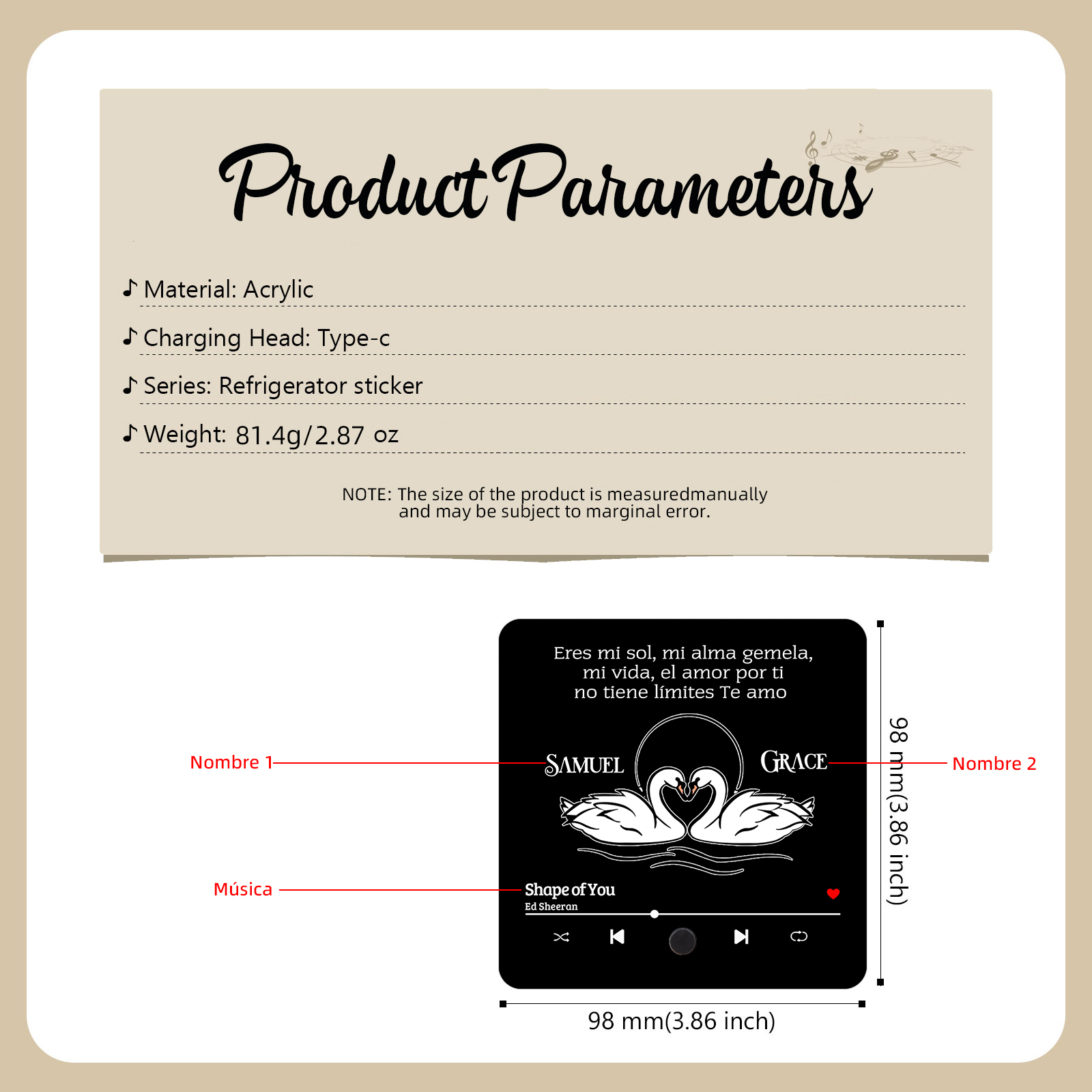 Pareja-Pegatina para nevera "music player" cisnes con 2 nombres y música personalizados | Jessemade